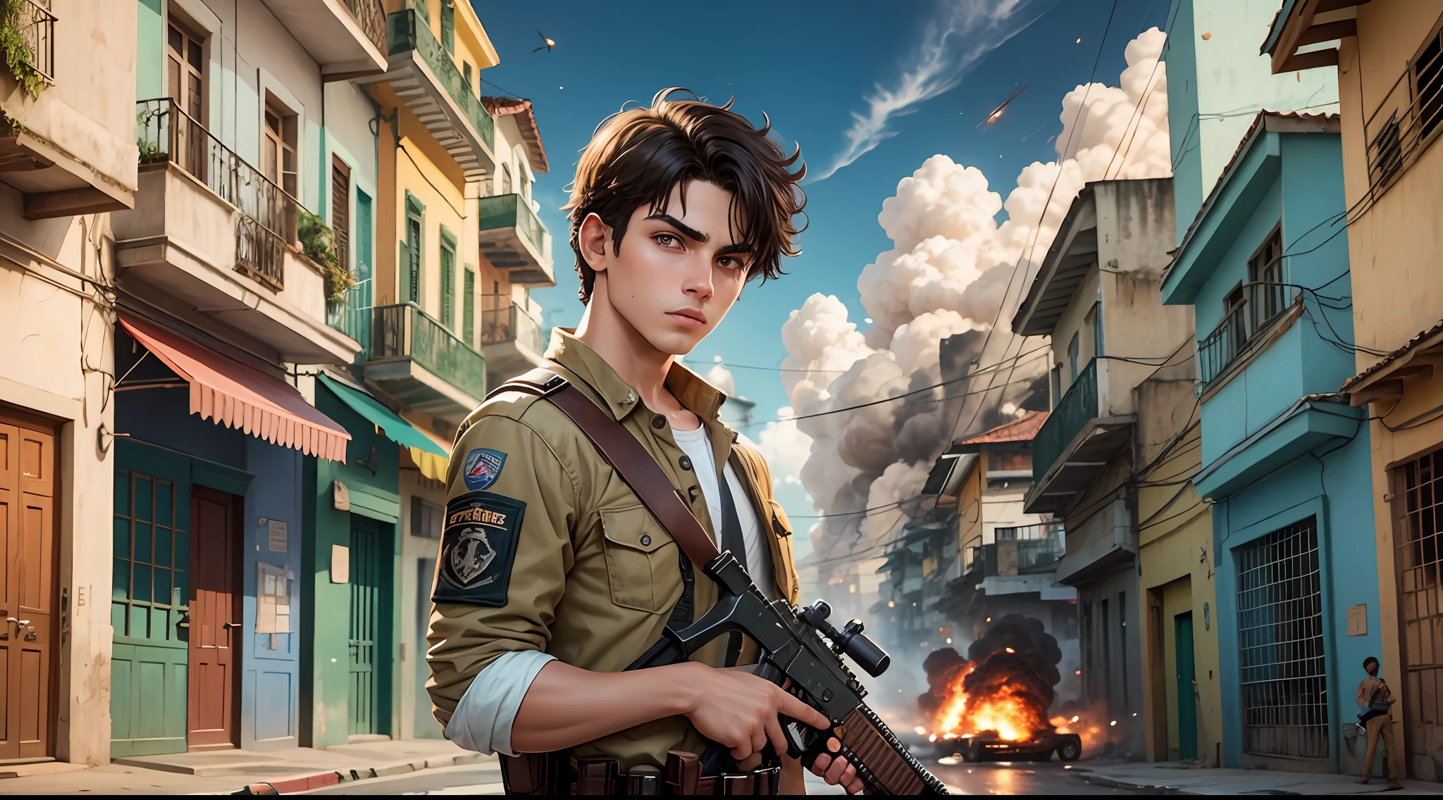 Create a scene of a brunette boy facing the streets of Rio de Janeiro with a cardeneta in his hand and a rifle on the side and in the background a house exploding --auto --s2