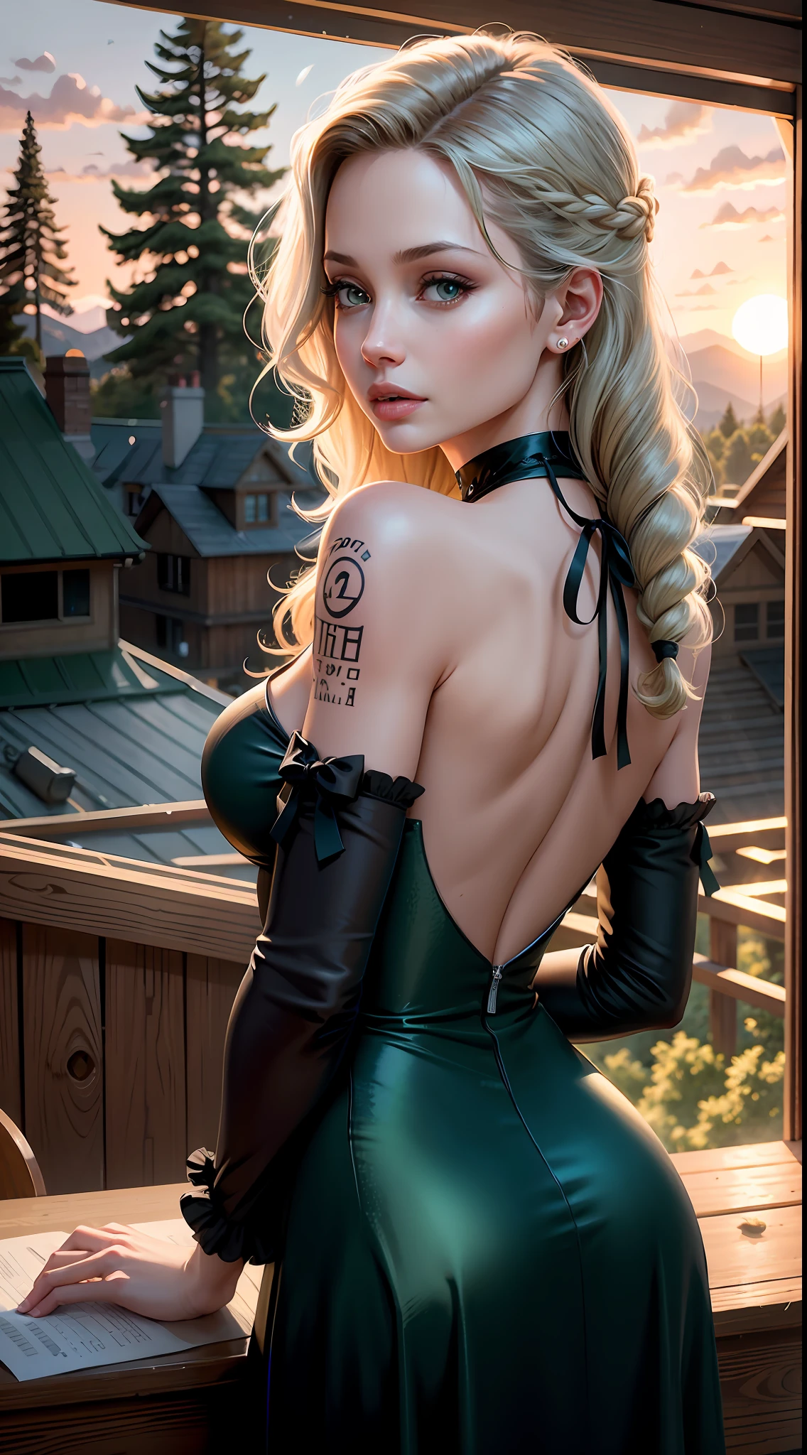 angelina jolie, cheerful face, original wavy blonde hair with braid with bow and ribbon, long eyelashes, beautiful green eyes with brightness, plaid langerie with silver details, surrealism, shadow, stereogram, (photorealistic, realistic: 1.2), POV, atmospheric perspective, cinematic lighting, ray tracing, 8k, super detail, best quality, masterpiece, well detailed, (Canan EOS R6, 135mm, 1/1250s, f/2.8, ISO 400:0.9),  neckline, back, round ass, tattoos, sunset background between hills with tall trees in the distance and some houses