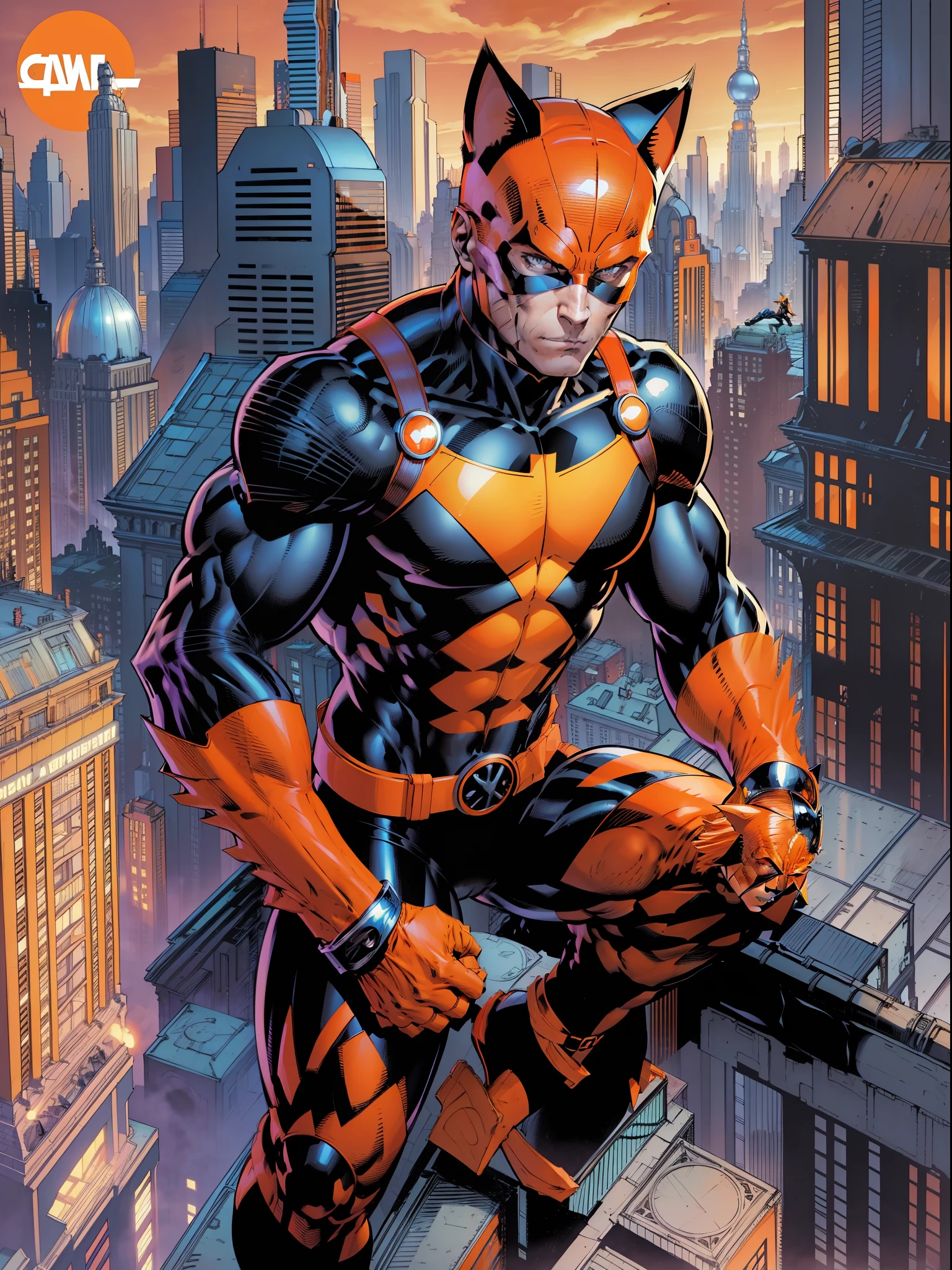 Beautiful man of 22 years, orange mask with feline ears, orange brusa, black long sleeves, orange gloves, black belt, orange and black pants, black shoes, Super Hero, full body character, on top of a building looking at the view, city background, cover of HQ --seed2199607471