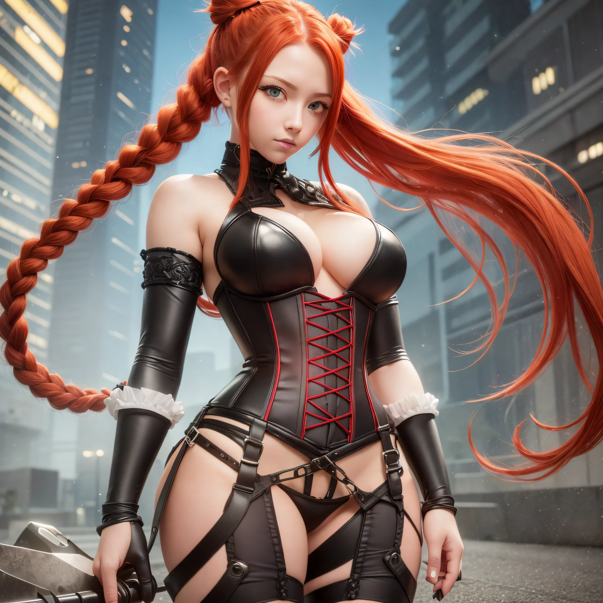 Adolescent, best quality, ultra detailed, redhead, yellow eyes, makima, electric saw man, anime, hair with braids, sexy corset, full body vision, piercing.