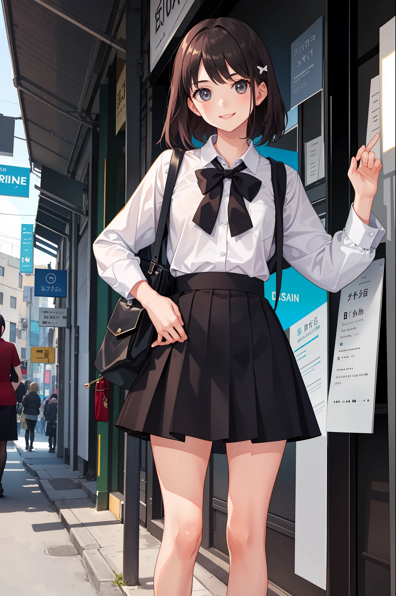 1 girl, smile, shirt, skirt, (small) chiralism,