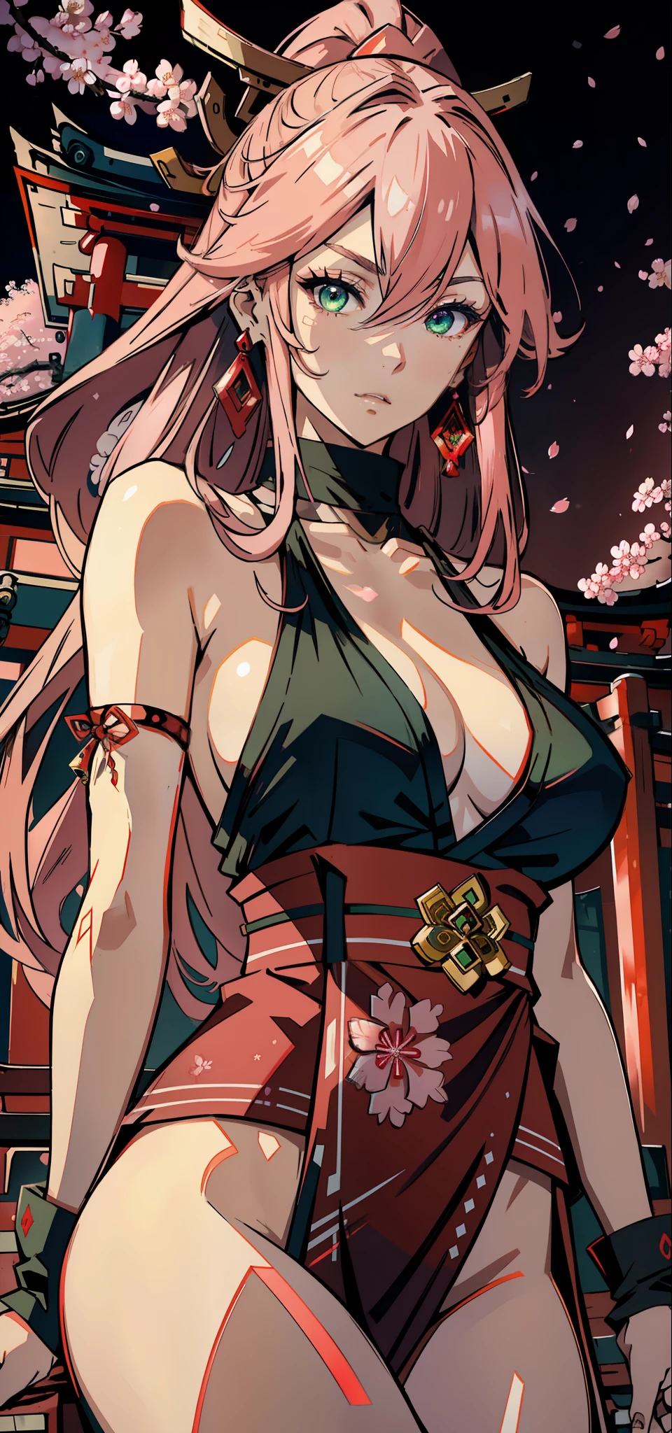 (Masterpiece, Excellent, 1girl, solo, complex details, color difference), realism, ((medium breath)), off-the-shoulders, big breasts, sexy, Yae Miko, long pink hair, red headdress, red highlight, hair above one eye, green eyes, earrings, sharp eyes, perfectly symmetrical figure, choker, neon shirt, open jacket, turtleneck sweater, against the wall, brick wall, graffiti, dim lighting, alley, looking at the audience, ((mean, seductive, charming)), ((cherry blossom background ))),((Japanese temple background)))), (((Glow-in-the-dark background)))