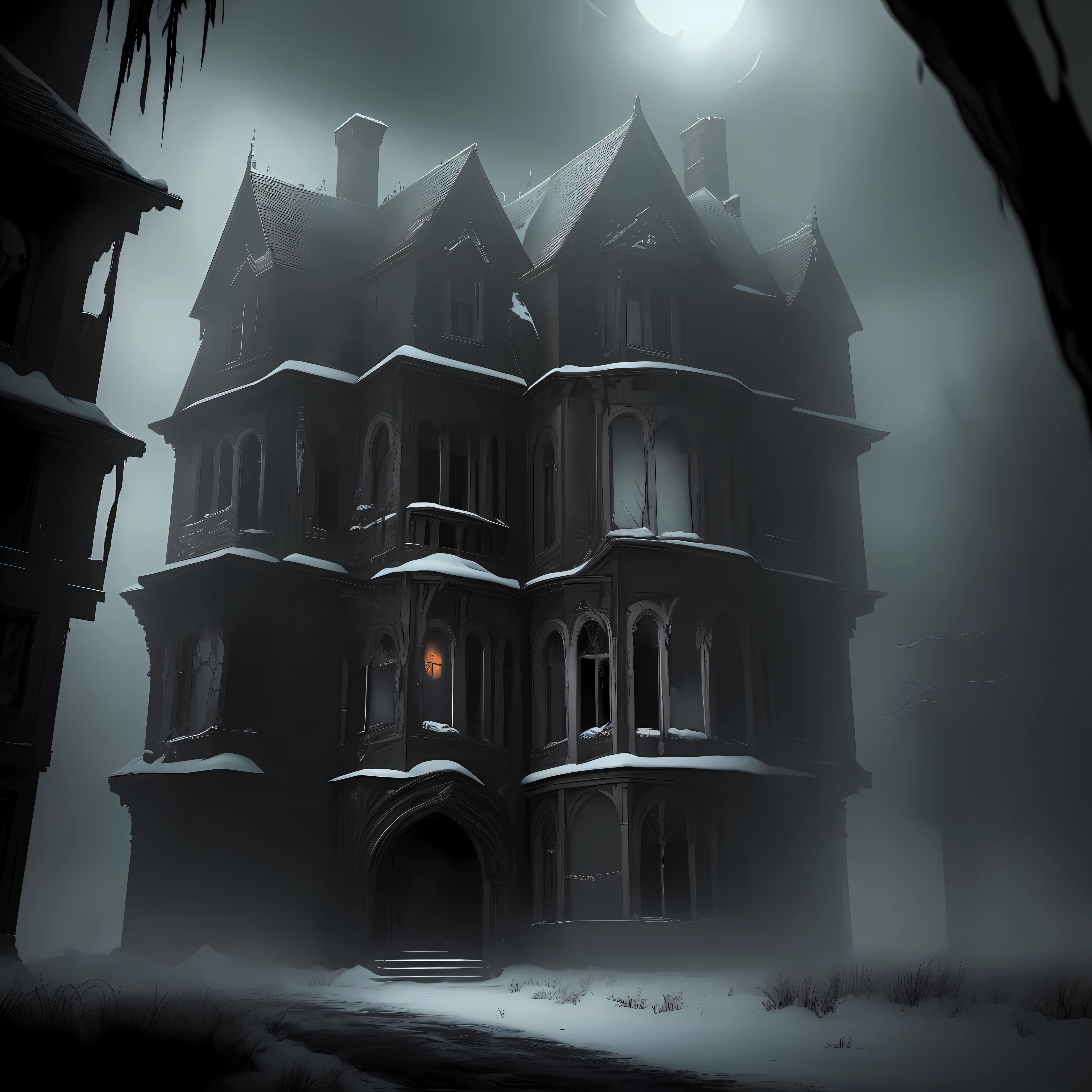 Sinister and abandoned mansion, plunged into darkness. Broken windows groan in the icy wind. Shadows dance across the weathered walls. Hidden mysteries and haunting secrets await the brave. A place where fear is your only companion.