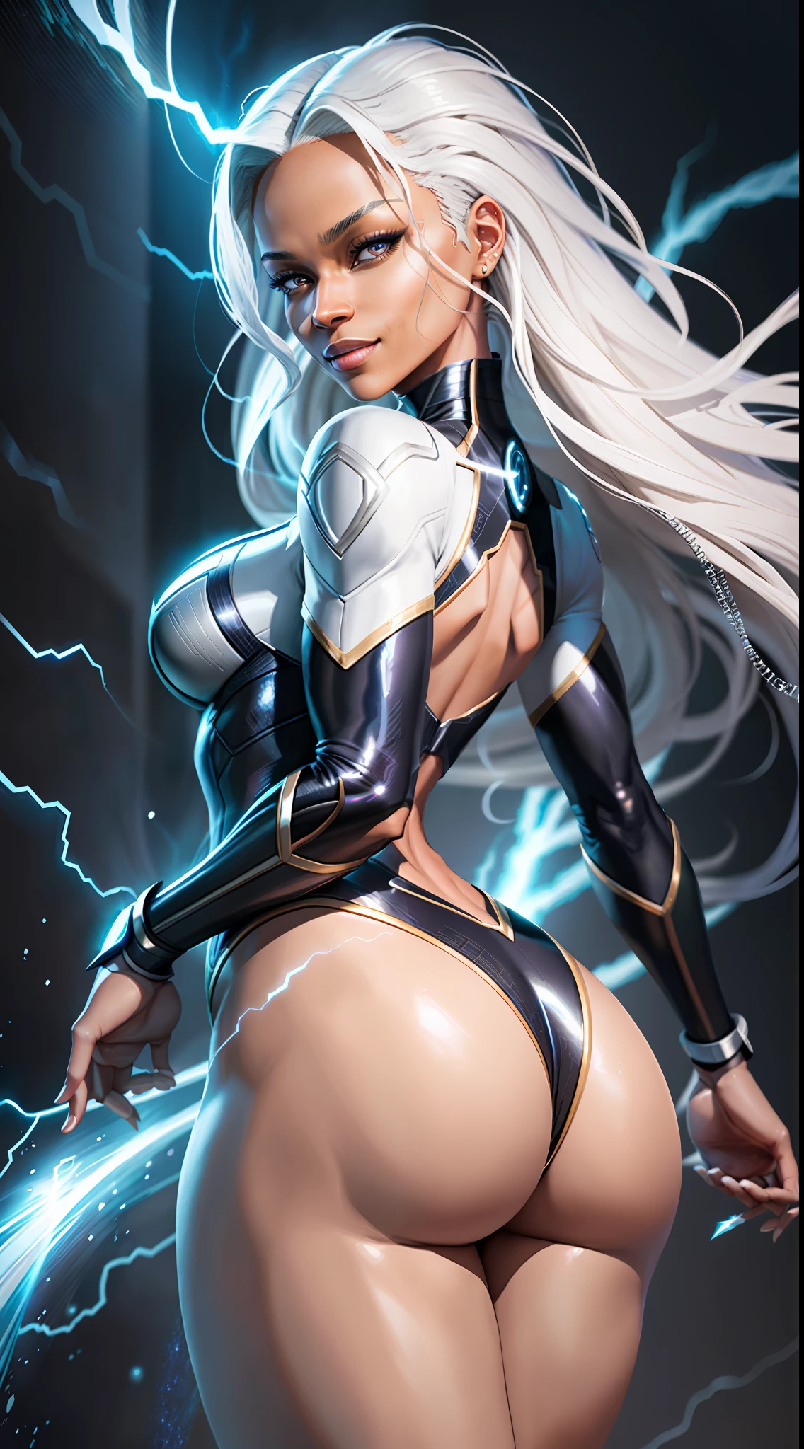 masterpiece, maximum quality, ultra high resolution, 8k, Ororo/Storm (X-Men), full body, very thin, very detailed face, face totally identical to film, detailed eyes, cheerful smile, smooth and soft pellet, wearing a micro uniform, with his back to the camera, bunched butt, wide hips, big butt