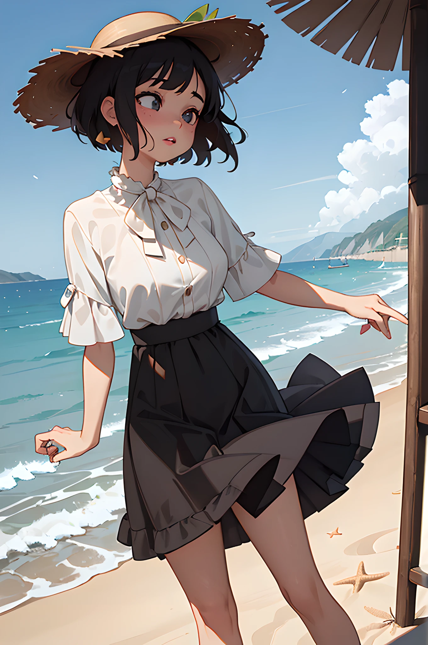 (masterpiece), (portrait), (aesthetic), (beautiful), (upper blody), (high quality), (aesthetic clothings), (professional angle), (rule of thirds), (Feminine), (woman), (female), (beautiful),(feminine features), (25 years), solo, 1 woman, (attractive Chilean), Summer, Natural light, (Confident), Fresh Makeup, (Average bust), ((holding a Sunglasses)), (Slightly angled face), (Serene expression), ((Calm)), Straw hat, -, ((Short hair)), (Black hair), (Half updo hair), (Curly hair), Voluminous shine hair, (- in hair), (Brown eyes), (Elegant look), (Fair skin), (Straw hat clothing), (Dress), (Sandals), (Skirt), (Round neck neckline), ((Beach background)), (Nobody in background), (Mid shot shot), beautiful hands, two hands, normal hands, two arms, complete hands, beautiful body, beautiful fingers, normal fingers, five fingers, five fingers, (Thumb index meddle ring little fingers), beautiful ears, normal ears, beautiful eyes, shiny eyes, beautiful mouth, beautiful lips,