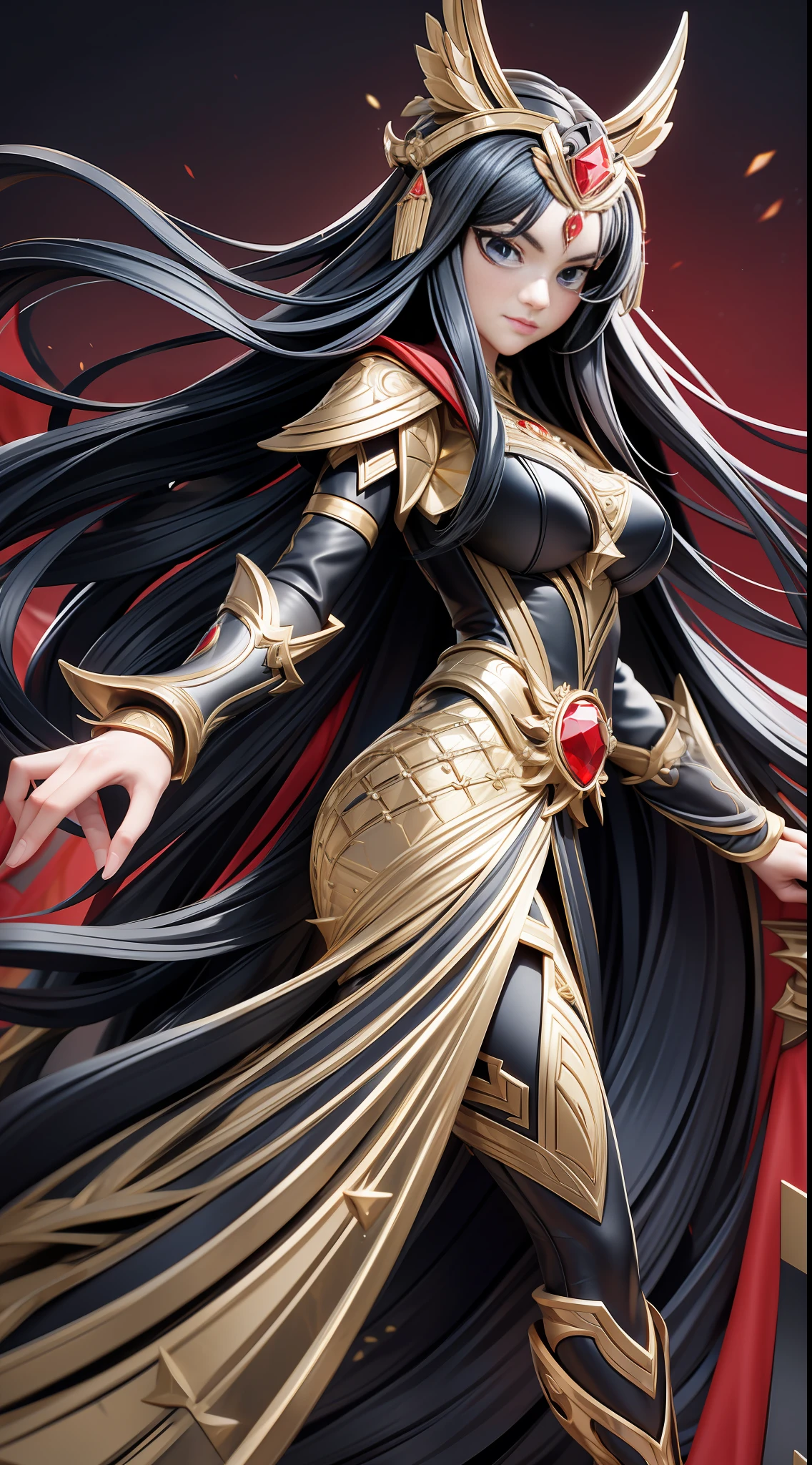 full body picture Unreal Engine 5 8K UHD of beautiful women, black long hair, queen, royal golden armor with details, red cape, female royal knight, formal pose, holding sword with ancient language, flying ancient language effect, gold crown with diamonds, best quality, masterpiece