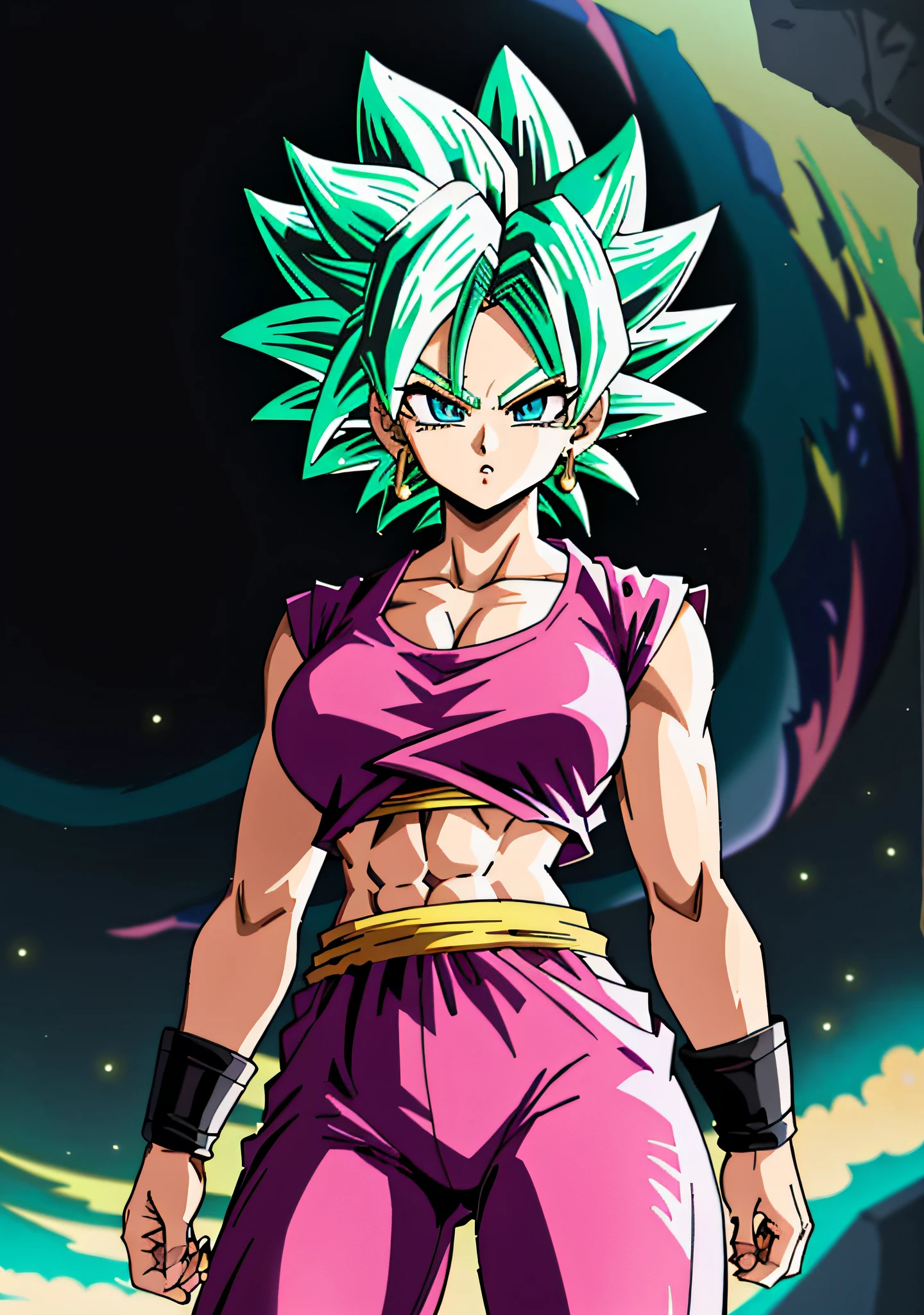 (Anime) . (Kefla), A close-up of a woman in a pink outfit with green hair, blue eyes, Saiyan Girl, ((Female Broly)), female Goku, Dragon Ball Artstyle, HD Artwork, Dragon Ball Concept Art, Dragon Ball Style, SFW version, High Quality Anime Artstyle, Dragon Ball Z Style, Advanced Digital Anime Art", Dragon Ball's bulma, The Princess of Power, Badass Pose . 64k quality, (muscle: 2.0), detailed manga eyes, detailed hair, detailed clothes, detailed body, cleaner designs, detailed face pronounced, shiny objects like jewels, see creases on clothes, more coherent clothing, more rounded eyes transparent liquid globular, more colors, more coherent clothing , correct the features of the clothes, better eyes contour, better shoulders, really colorful, coarser line, black line, finishing . (coarser line) (black line) (homogeneous rendering: 1.3)