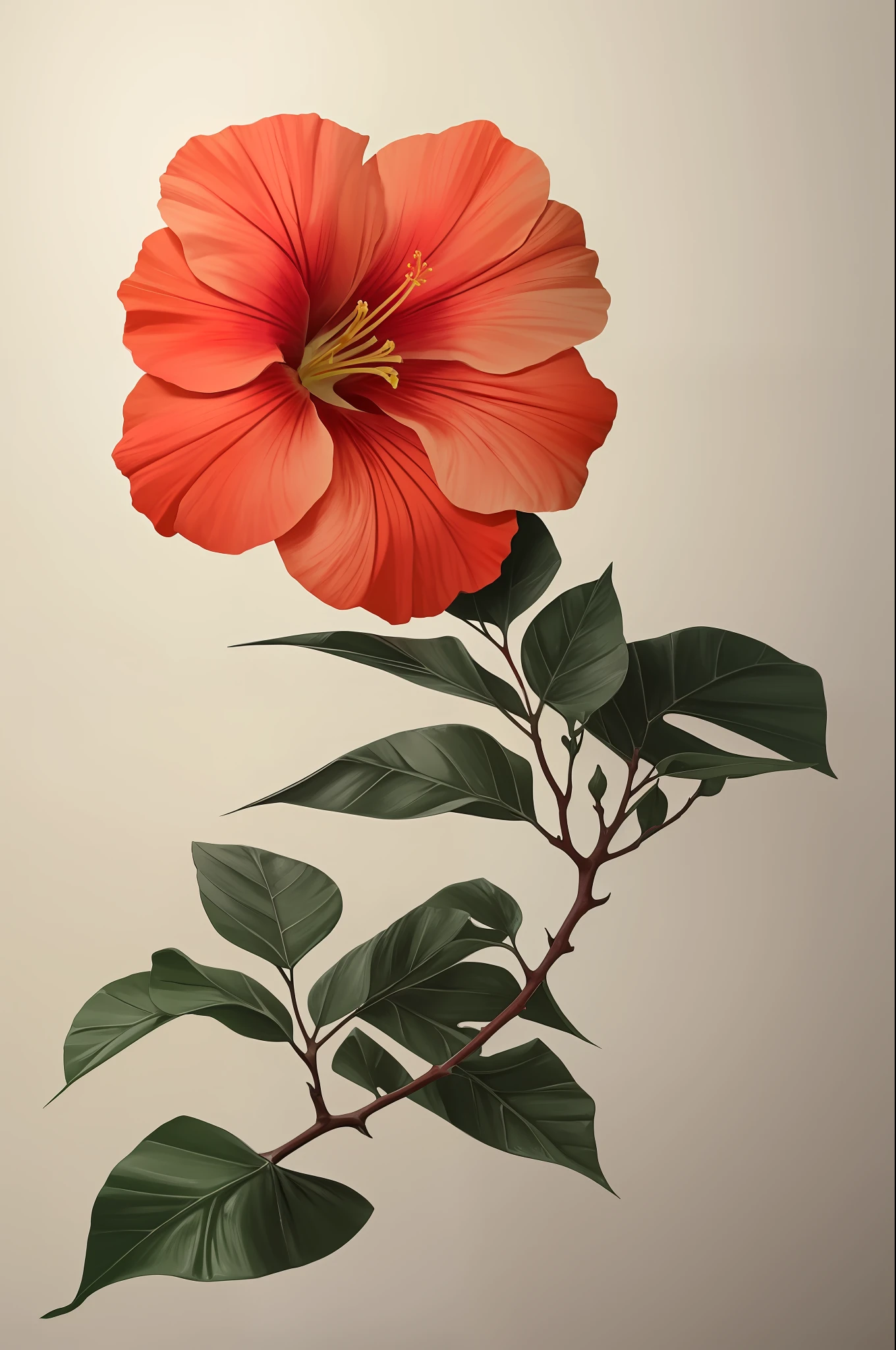 hibiscus flower blooming on a gnarled branch against a grey background, simple background, in the style of light orange and light beige, minimalist images, photography installations, paleocore, green and crimson, hyper-realistic, poetic intimacy