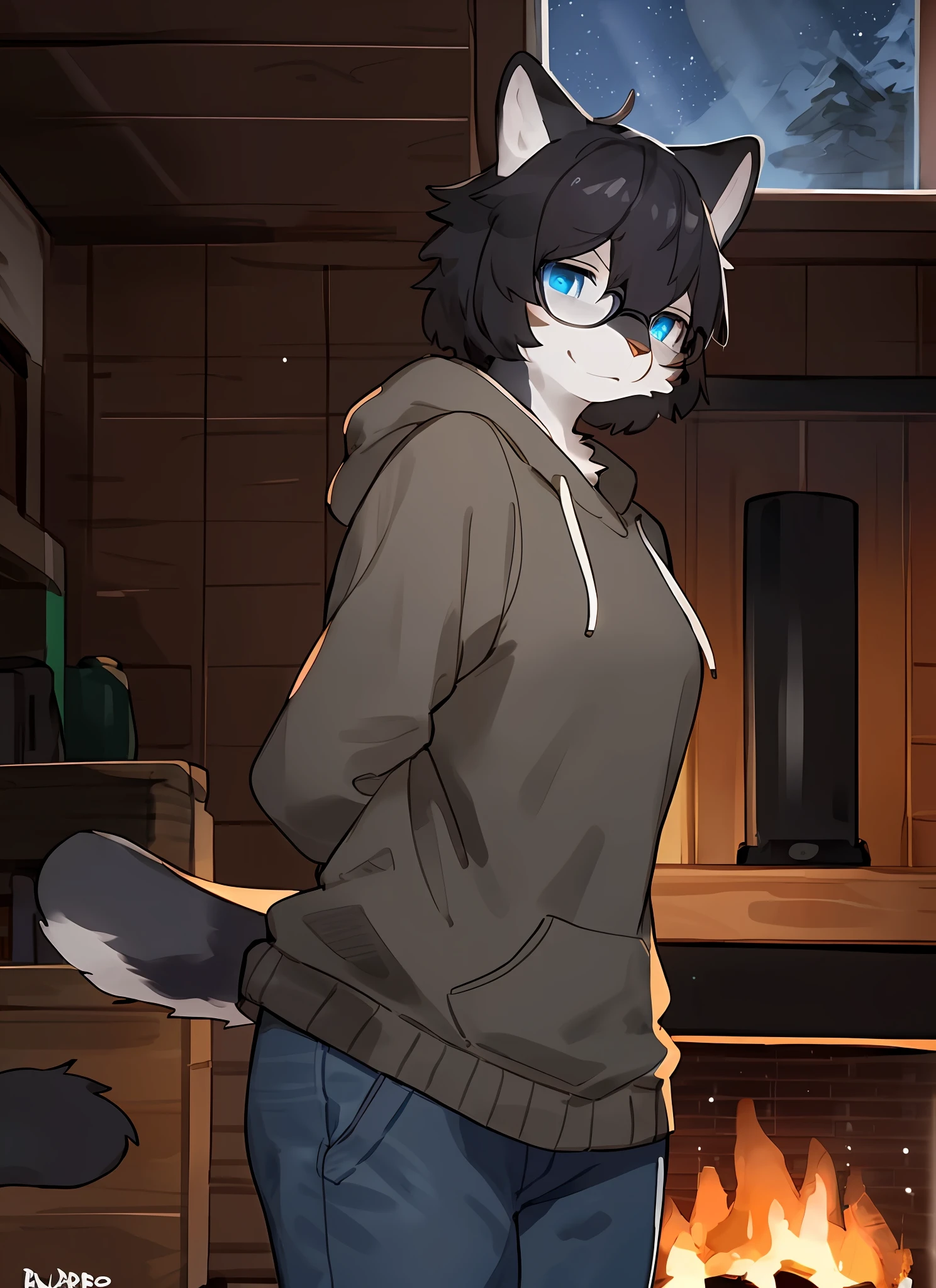 Solo, feline, female, grey fur, grey body, blue eyes, detailed eyes, black hair, stripes, tabby, striped, black glasses, sweatshirt, hands behind back, jeans, ((by bebebebebe)), by buta99, by pgm300, night, cabin, fireplace, warm