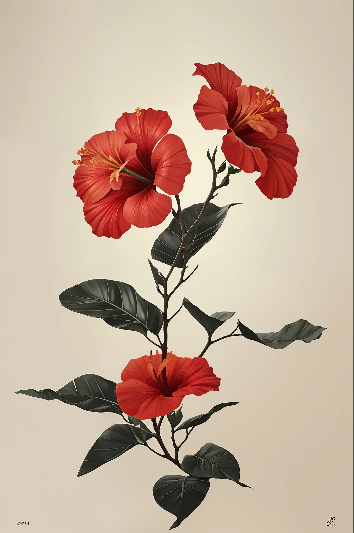 hibiscus flower blooming on a gnarled branch against a grey background, simple background, in the style of light orange and light beige, minimalist images, photography installations, paleocore, green and crimson, hyper-realistic, poetic intimacy
