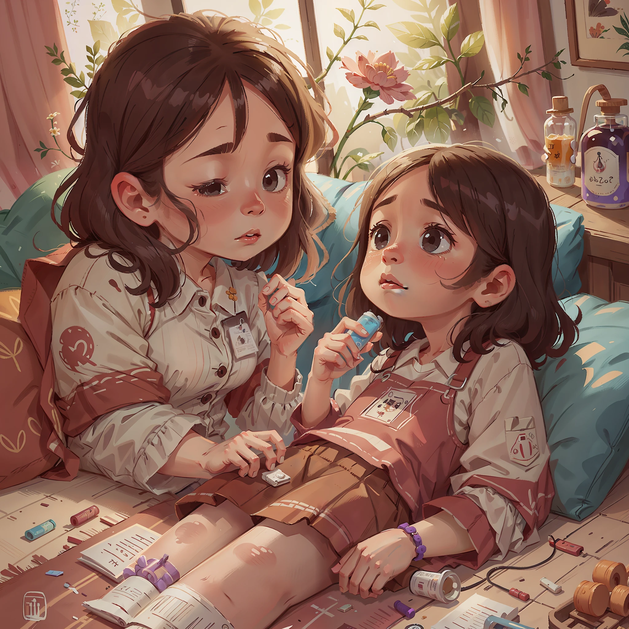 The little girl handed the medicine to her mother lying on the bed --auto --s2