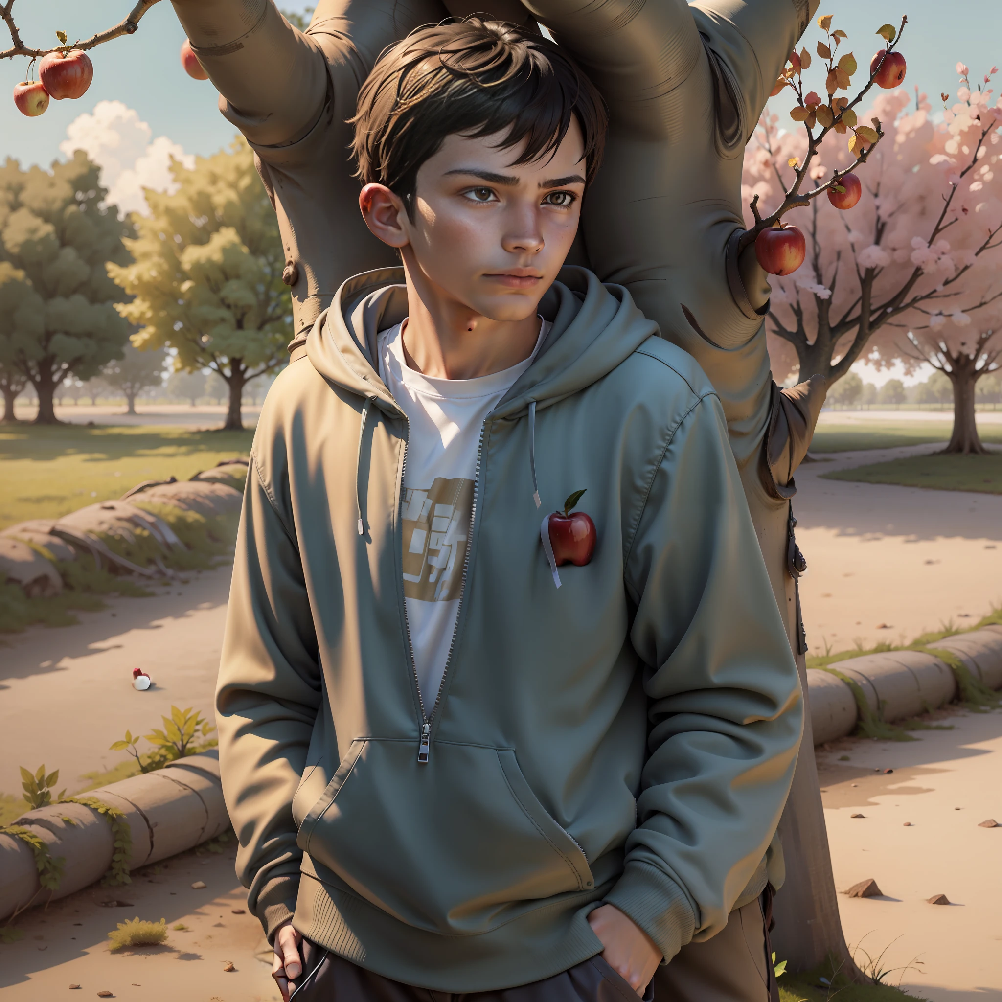 Male teenager standing near an apple tree