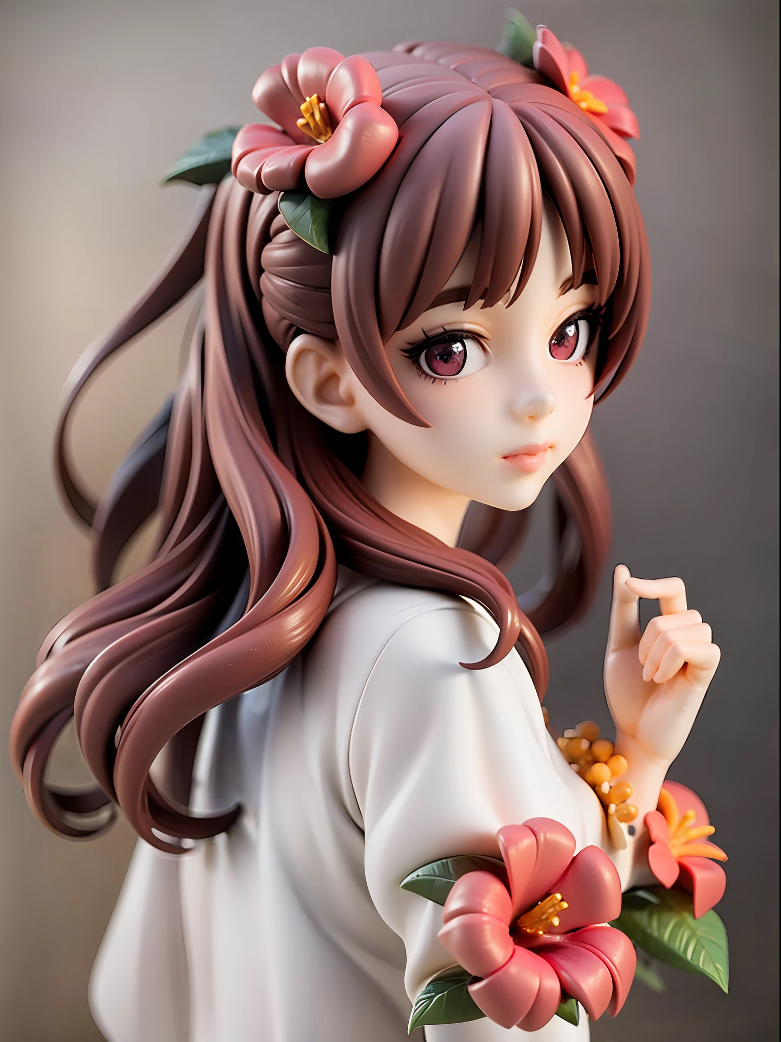 Girl, upper body, white dress, red hibiscus ornament on head