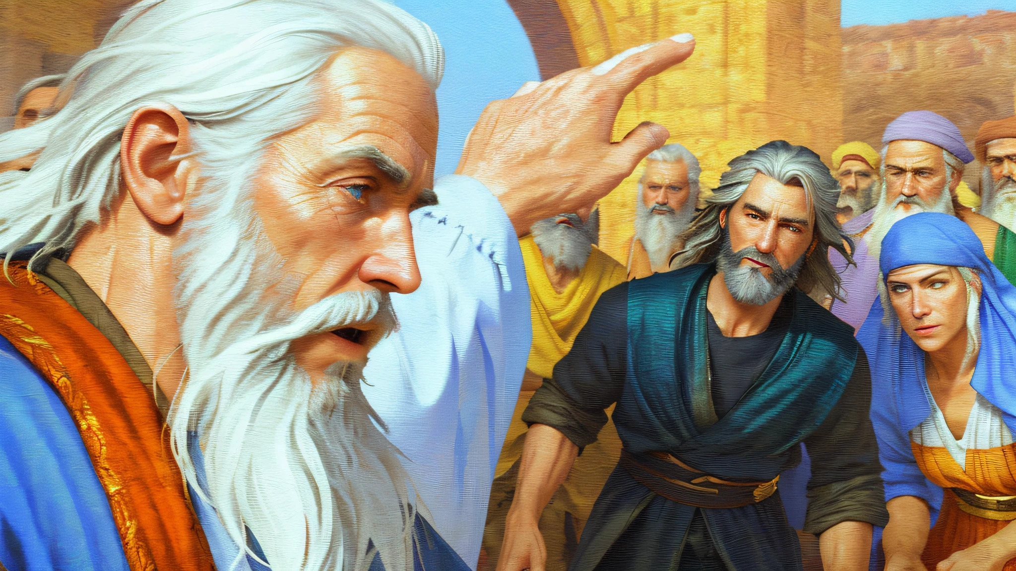 Photo Raw, (realistic), (masterpiece), (best quality), there is a handsome old male male, [(eye high details)], (skin high details), [hand high details], Noah, with white hair and beards looking at people in the background, prophet, epic biblical representation, 8k, UHD, cinematic lighting, --s2