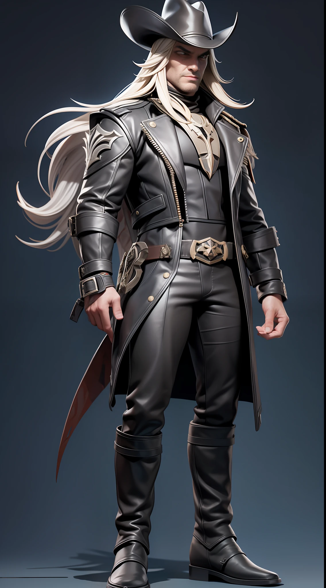 full body picture Unreal Engine 5 8K UHD of adult man, white long hair, wearing brown leather jacket, demon hunter clothes, mysterious, cowboy hat, left arm pauldron, leather belts, wearing glaive on right hand, black mask, red demon eyes, dark forest background, best quality, masterpiece