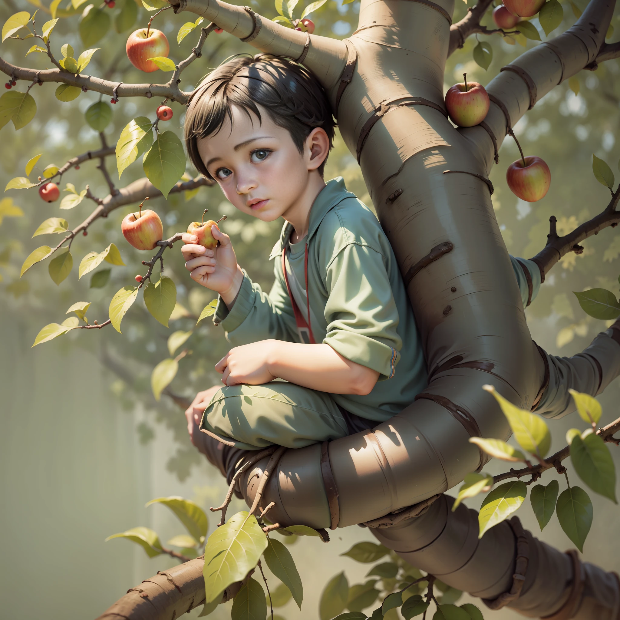 Boy on apple tree branch