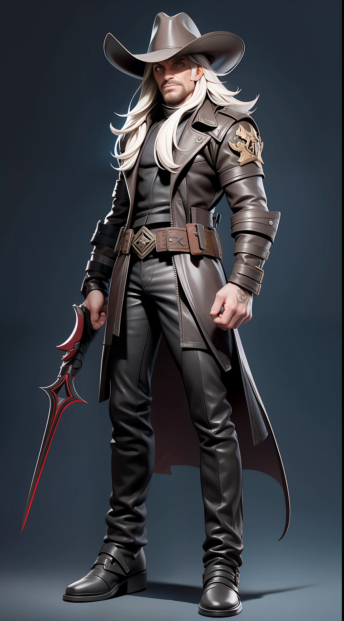 full body picture Unreal Engine 5 8K UHD of adult man, white long hair, wearing brown leather jacket, demon hunter clothes, mysterious, cowboy hat, left arm pauldron, leather belts, wearing glaive on right hand, black mask, red demon eyes, dark forest background, best quality, masterpiece