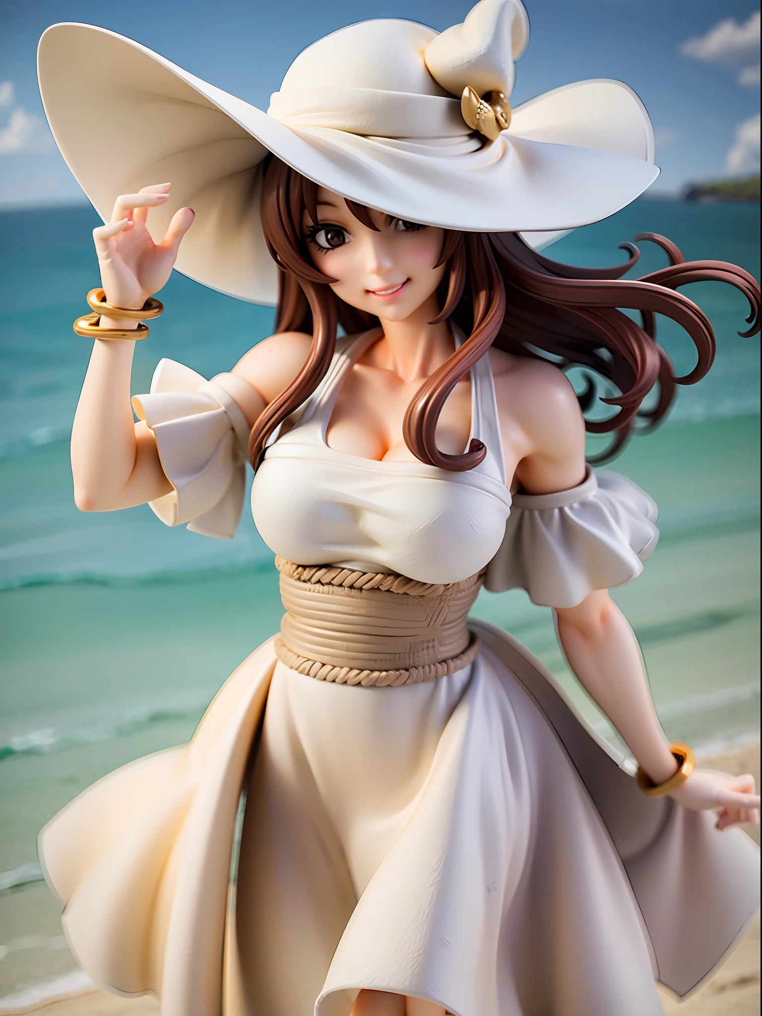 White hat, girl, white dress, beach, standing on the beach, smile, big smile, wind is blowing, holding hat with right hand