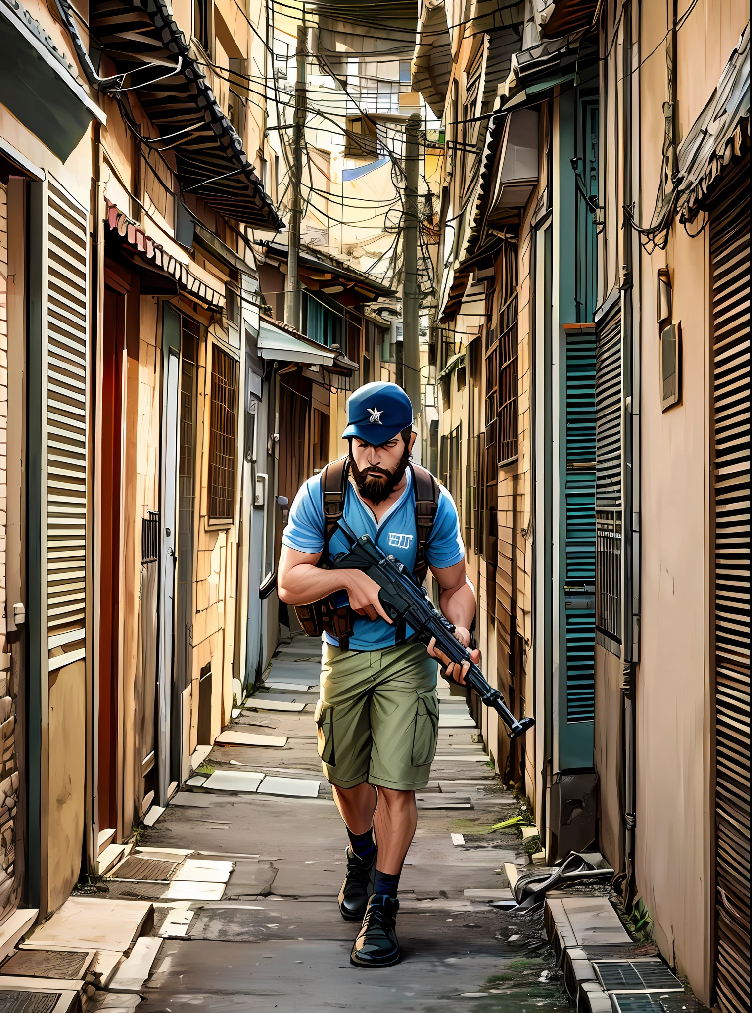 Create a scene of a brunette boy wearing a short-bearded cap and facing the streets of Rio de Janeiro with a cardeneta in his hand and a rifle on the side and in the background a house exploding --auto --s2