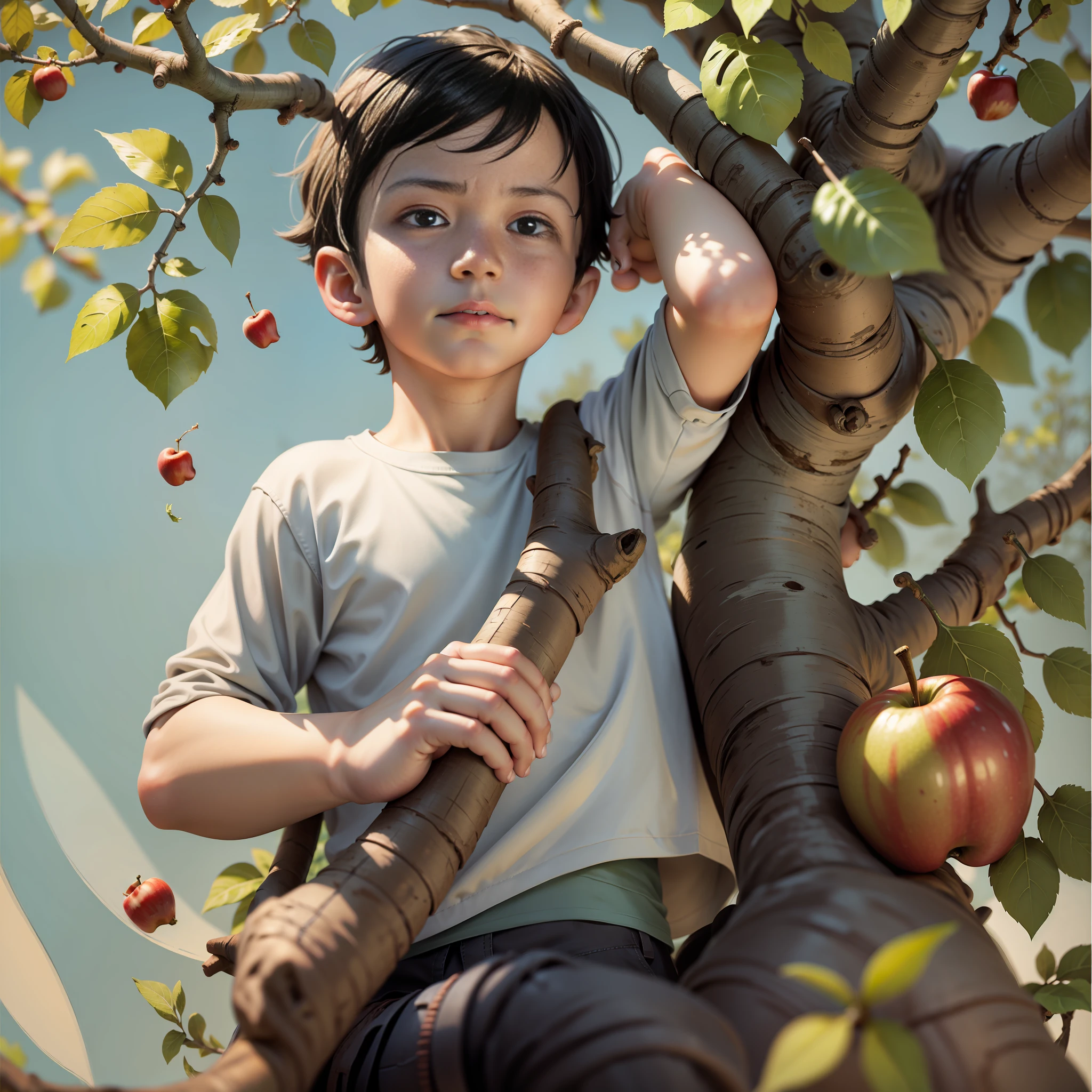 Boy playing on an apple tree