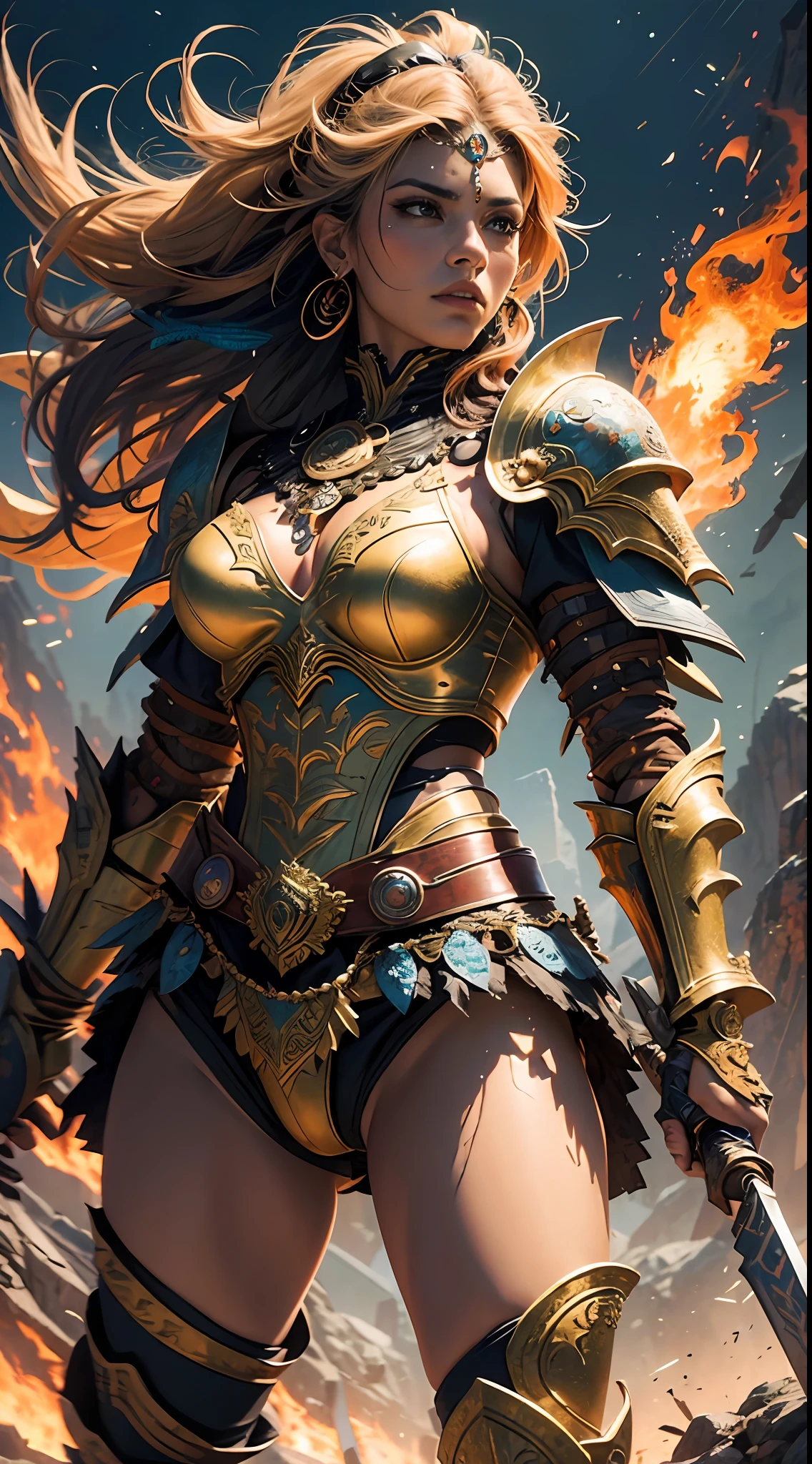 An extremely detailed and beautiful Brazilian warrior with a powerful and bold stance, wearing colorful armor and carrying an intricate weapon, surrounded by intense heat and flames, standing in a rugged terrain with striking hills and deep valleys. --auto --s2