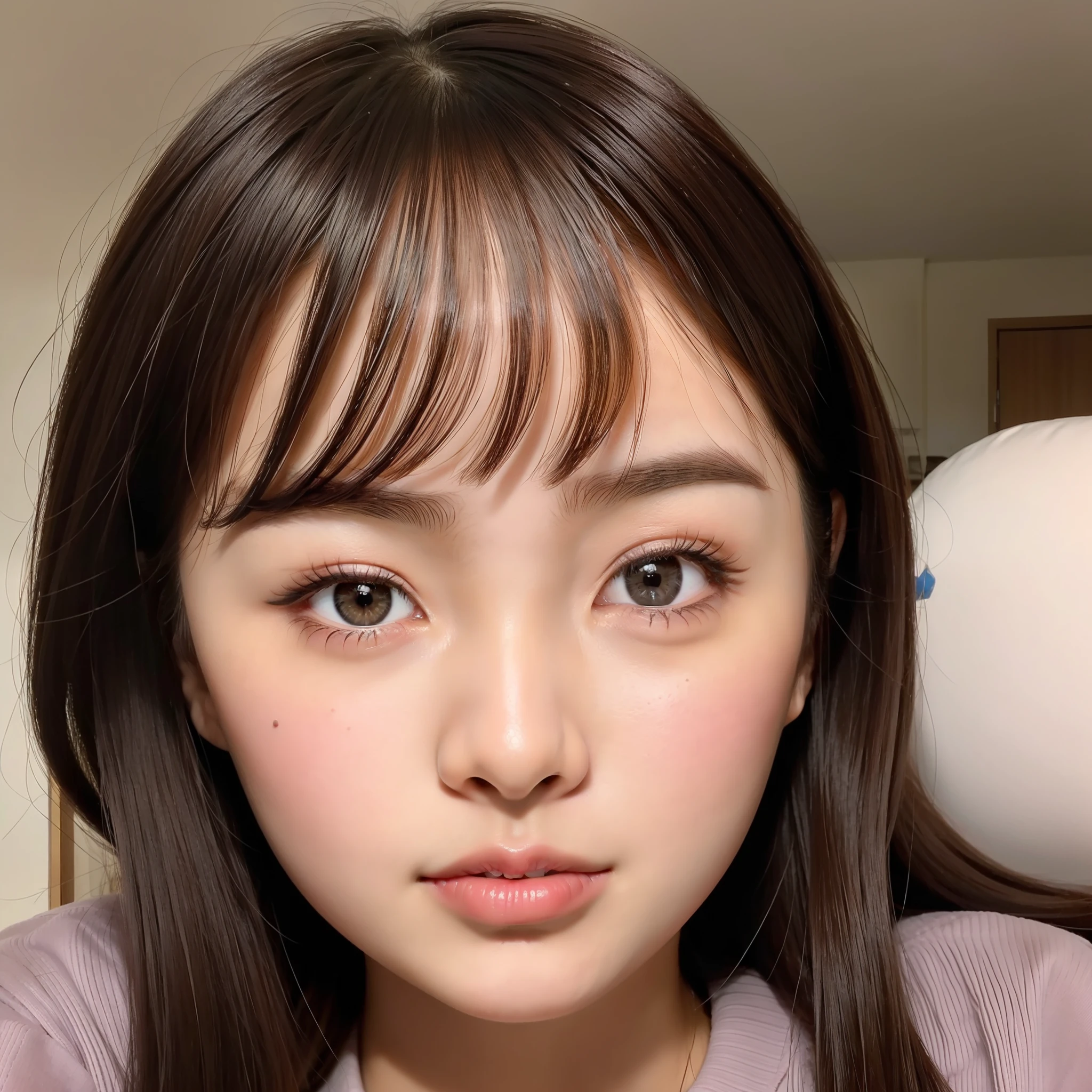 Close-up of the face of one cute high school girl with a round face and a small face, from the front