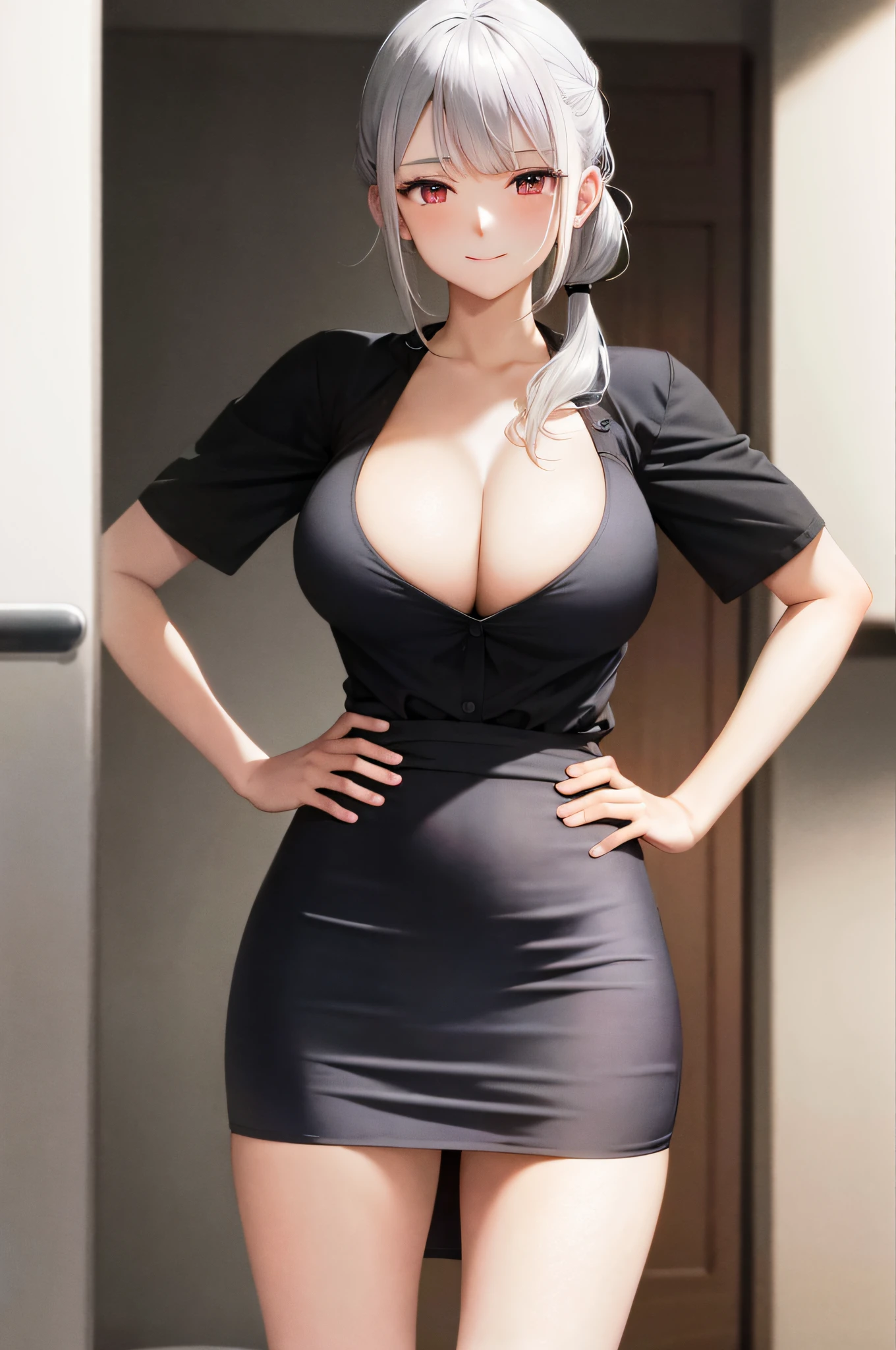 masterpiece, best quality, absurdres, perfect anatomy, perfect eyes, perfect face, 1girl, solo, fair skin, silver hair, long hair, pony tail, bangs, red eyes, white button-up, miniskirt, pencil skirt, black stockings, large breast, cleavage, bra showing, skirt lift, dress lift, lifted by self, office, detailed background, heavy pubic hair, smile, closed mouth, hands on hips, camel toe, contrapposto, looking at viewer