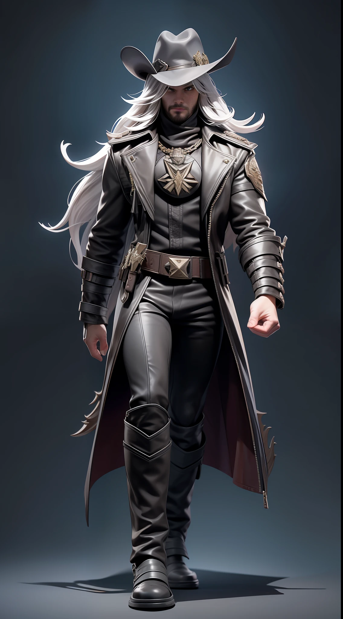 full body picture Unreal Engine 5 8K UHD of adult man, white long hair, wearing brown long leather jacket, demon hunter clothes, mysterious, cowboy hat, left arm pauldron, leather belts, wearing glaive on right hand, black mask, red demon eyes, dark forest background, best quality, masterpiece