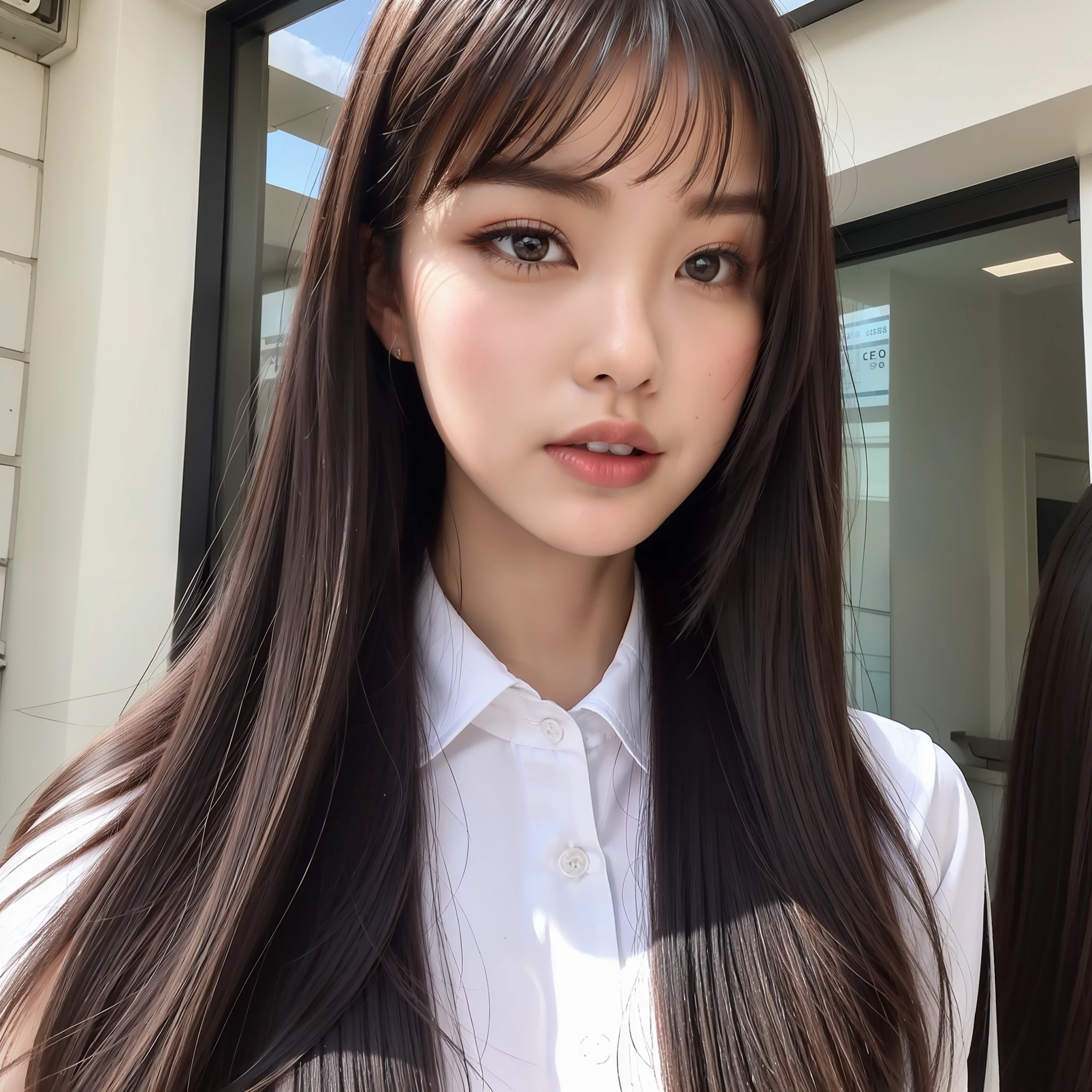 Close-up of the face of one cool beauty schoolgirl, from the front