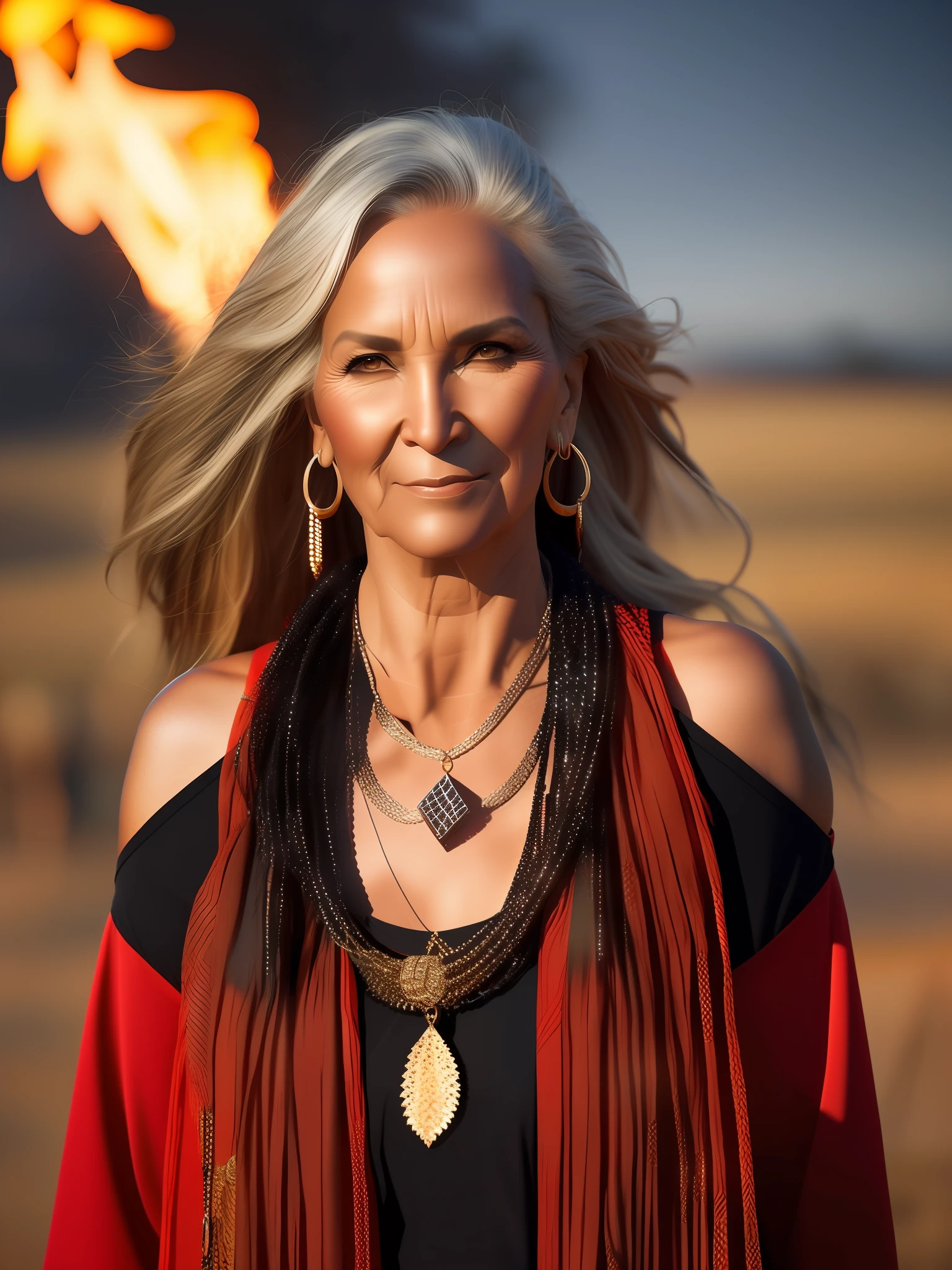 Portrait of a 50-year-old woman, very long and loose hair, dove-spinning archetype, piercing gaze, tanned skin from the sun, in front of a savannah bonfire, black and red clothes and golden jewelry, close-up, real pose and attitude.