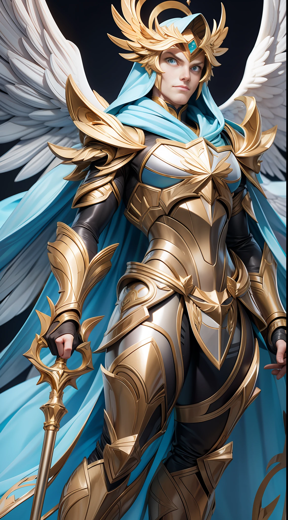 full body picture Unreal Engine 5 8K UHD of adult man, angel, shiny steel armor, wearing hood with gold details, yellow bright halo, cyan eyes, long yellow hair, long white tasset, white angel wings, gold spear, white long cape, flying pose, gold circlet, steel vambrace with gold details, light from above effect, best quality, masterpiece