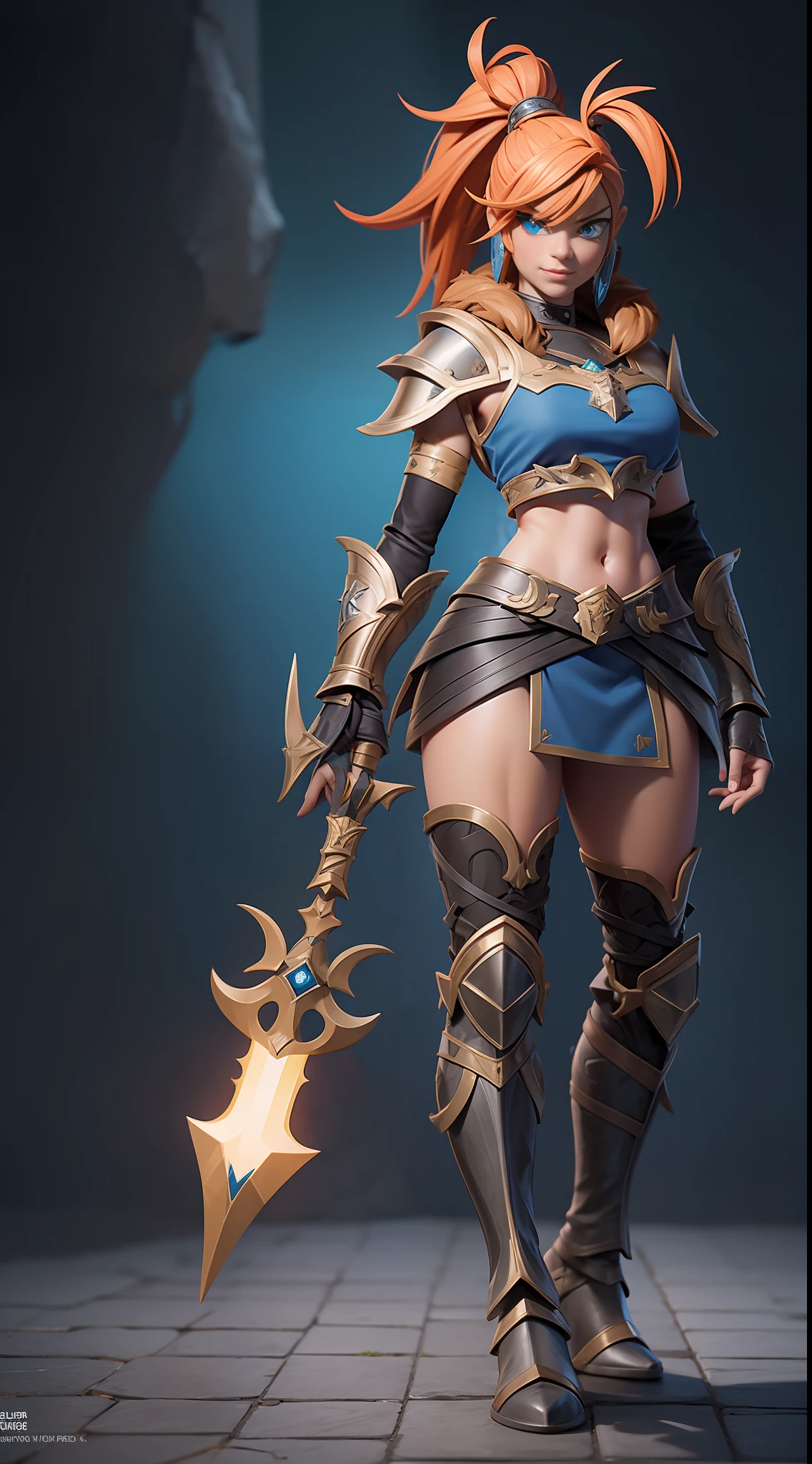 full body picture Unreal Engine 5 8K UHD of beautiful women, orange ponytail hair, crop-top steel armor with fur collar, Nordic runes symbol, blue eyes, wearing daggers, magic book on the left thigh, leather boots, battle with demons, best quality, masterpiece
