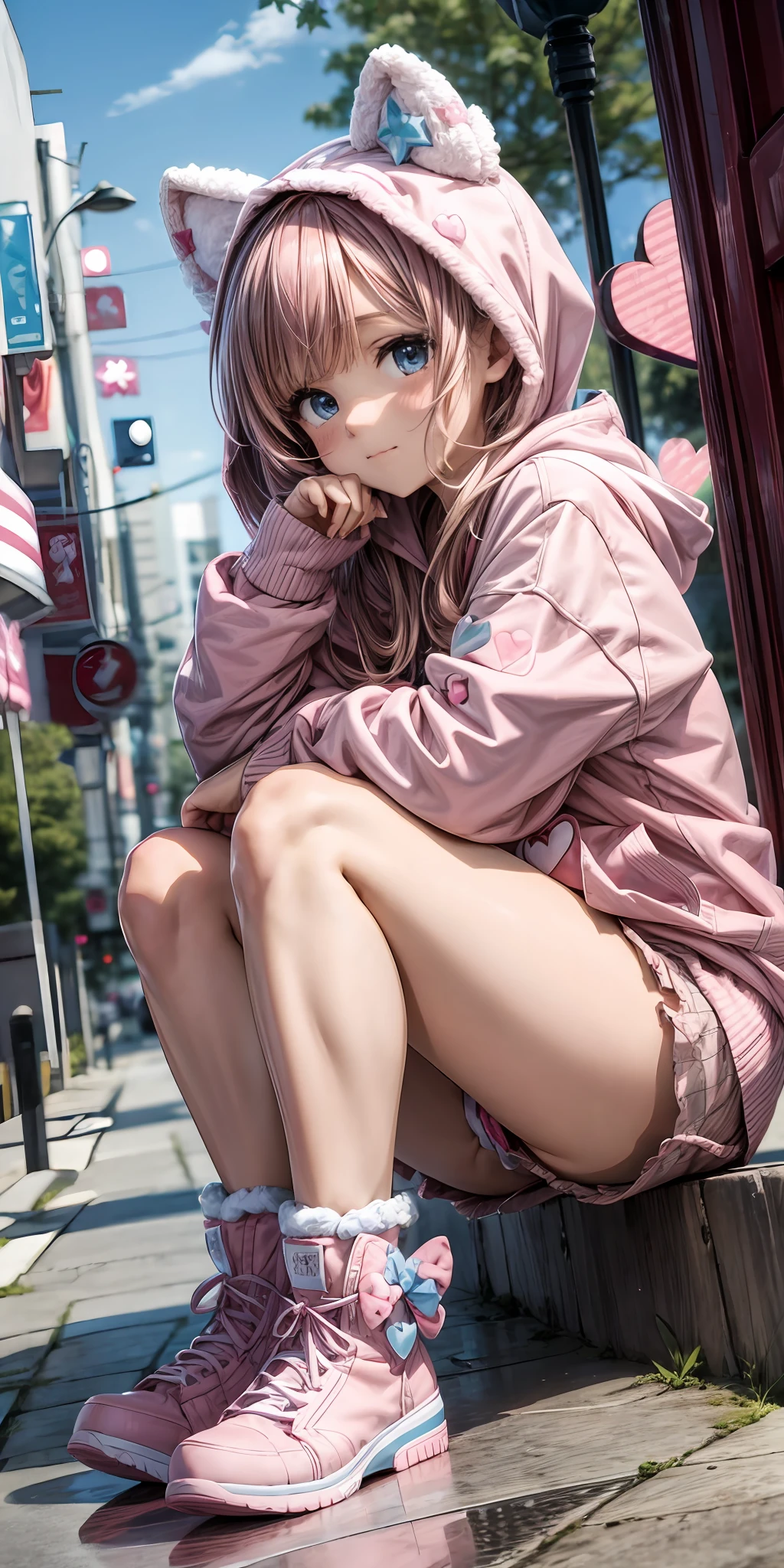 Cute girl, pink bows, pink hoodie, blue eyes, stars, hearts, plushies, boots, high definition, 8k, (((Nice hands))), cute face,