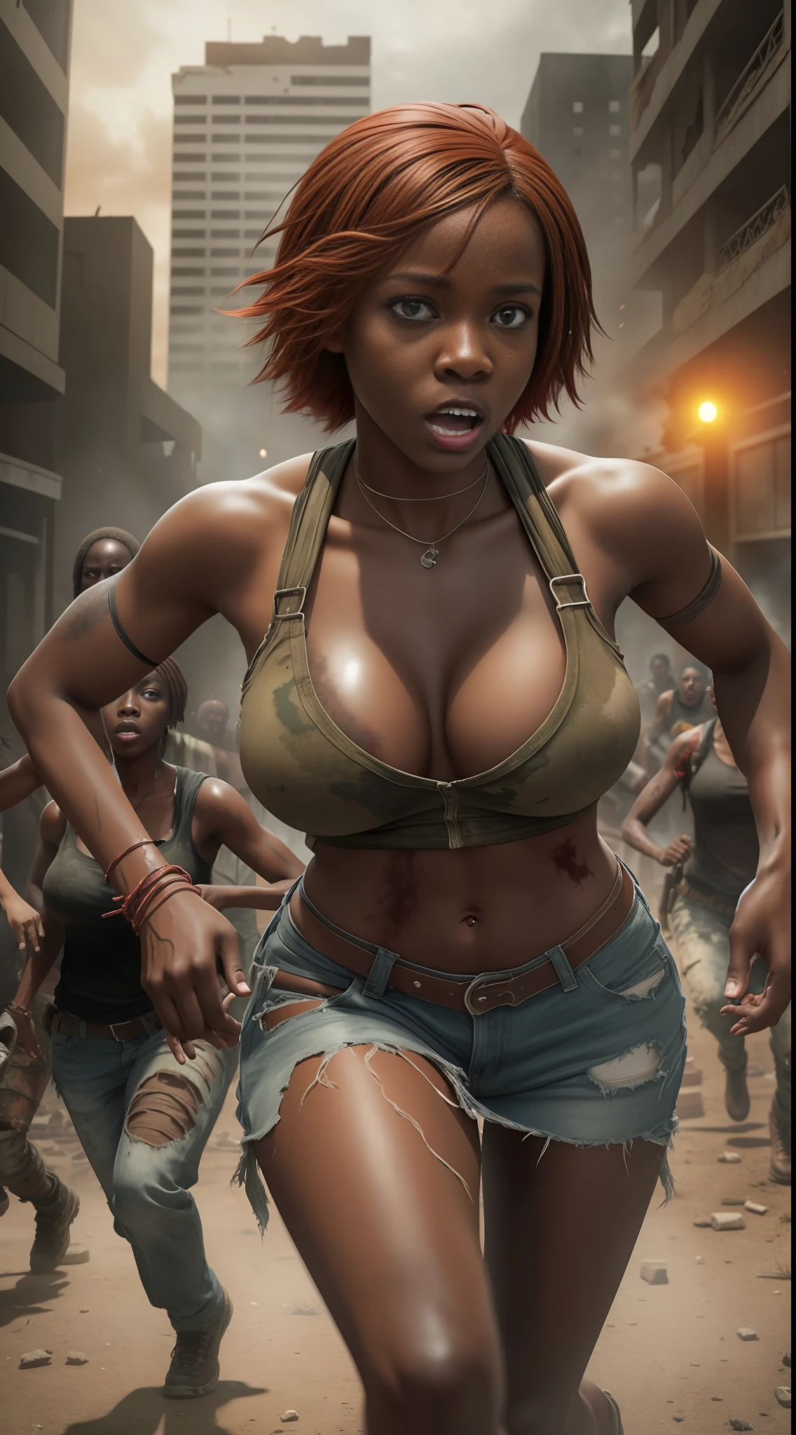 Girl 18 african american years old short red hair,long ripped dress, big breasts,running from zombies in a post apocalyptic building at night,8k extremely realistic raw photo, angle from bottom to top, surrounded by 3 aggressive zombies