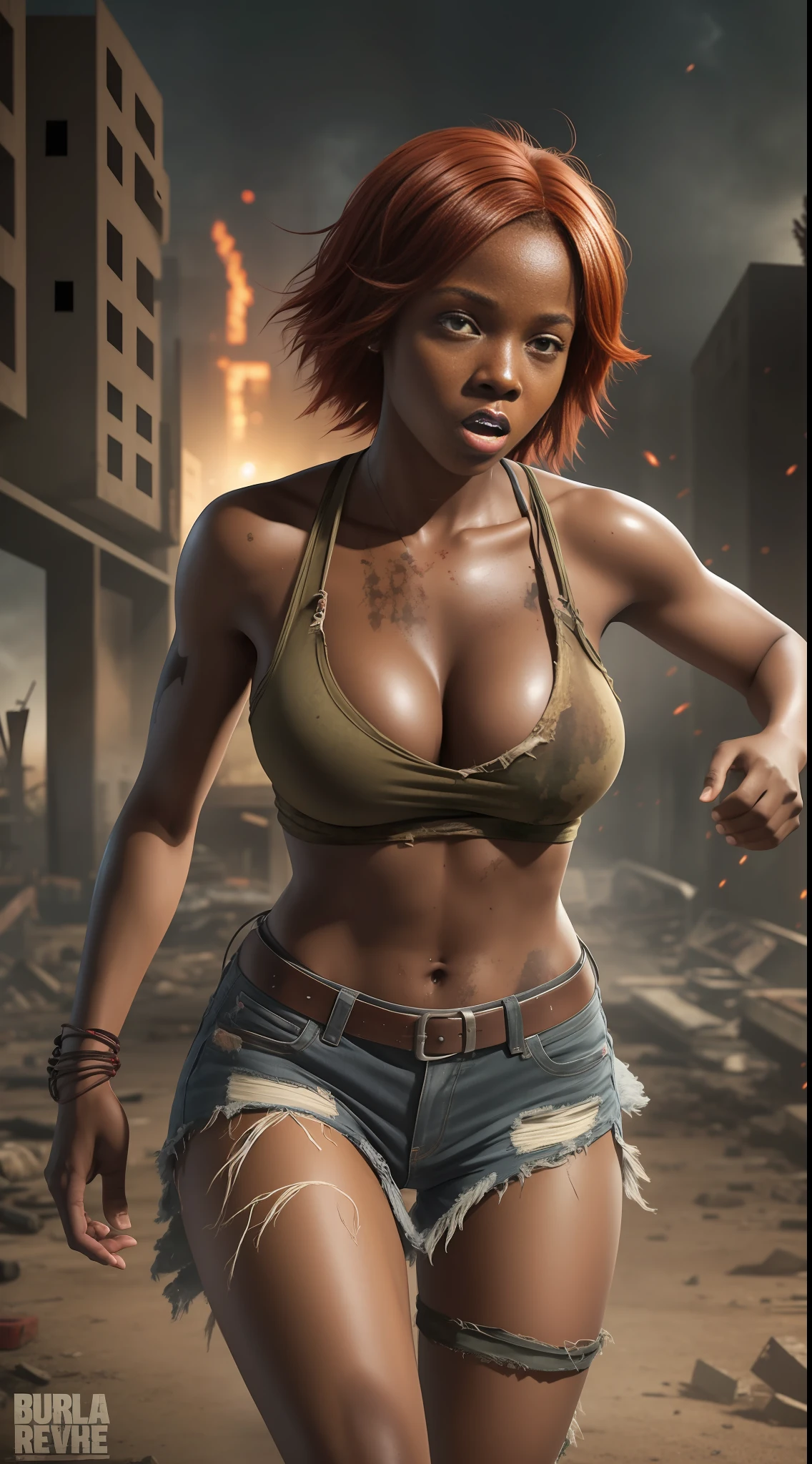 Girl 18 african american years old short red hair,long ripped dress, big breasts,running from zombies in a post apocalyptic building at night,8k extremely realistic raw photo, angle from bottom to top, surrounded by 3 aggressive zombies