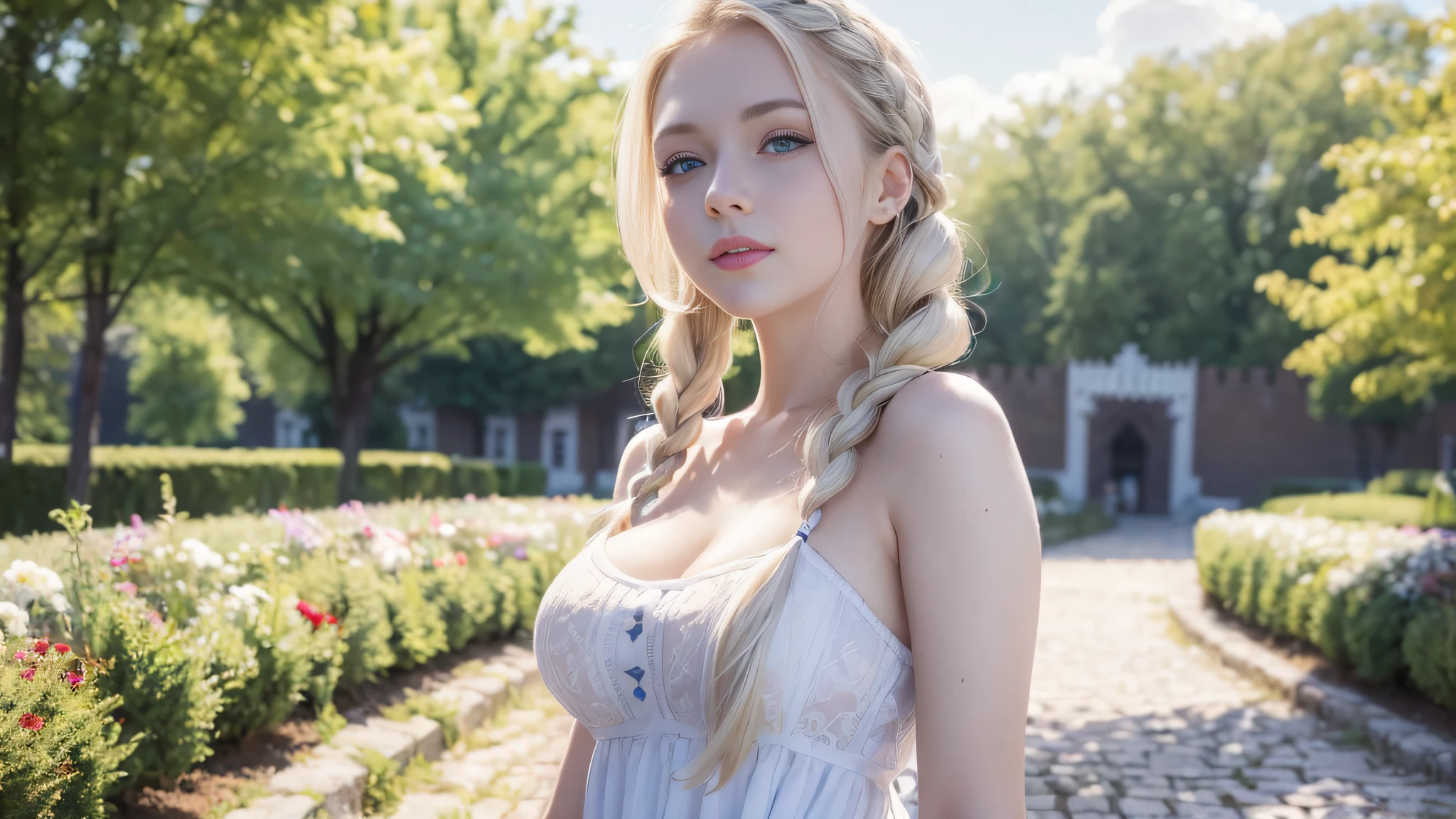 (The highest quality of one russian girl:1.3), with braided hair, blue eyes, (cute white dress:1.3), (detailed eyes:1.1), perfect lips, pale skin, blonde hair, looking at viewer, smiling, blush, hair_flip, (medium breasts:0.8), (perfect breasts:1.2), perfect female face, background is a garden with trees and flowers, blue sky, sky with few clouds