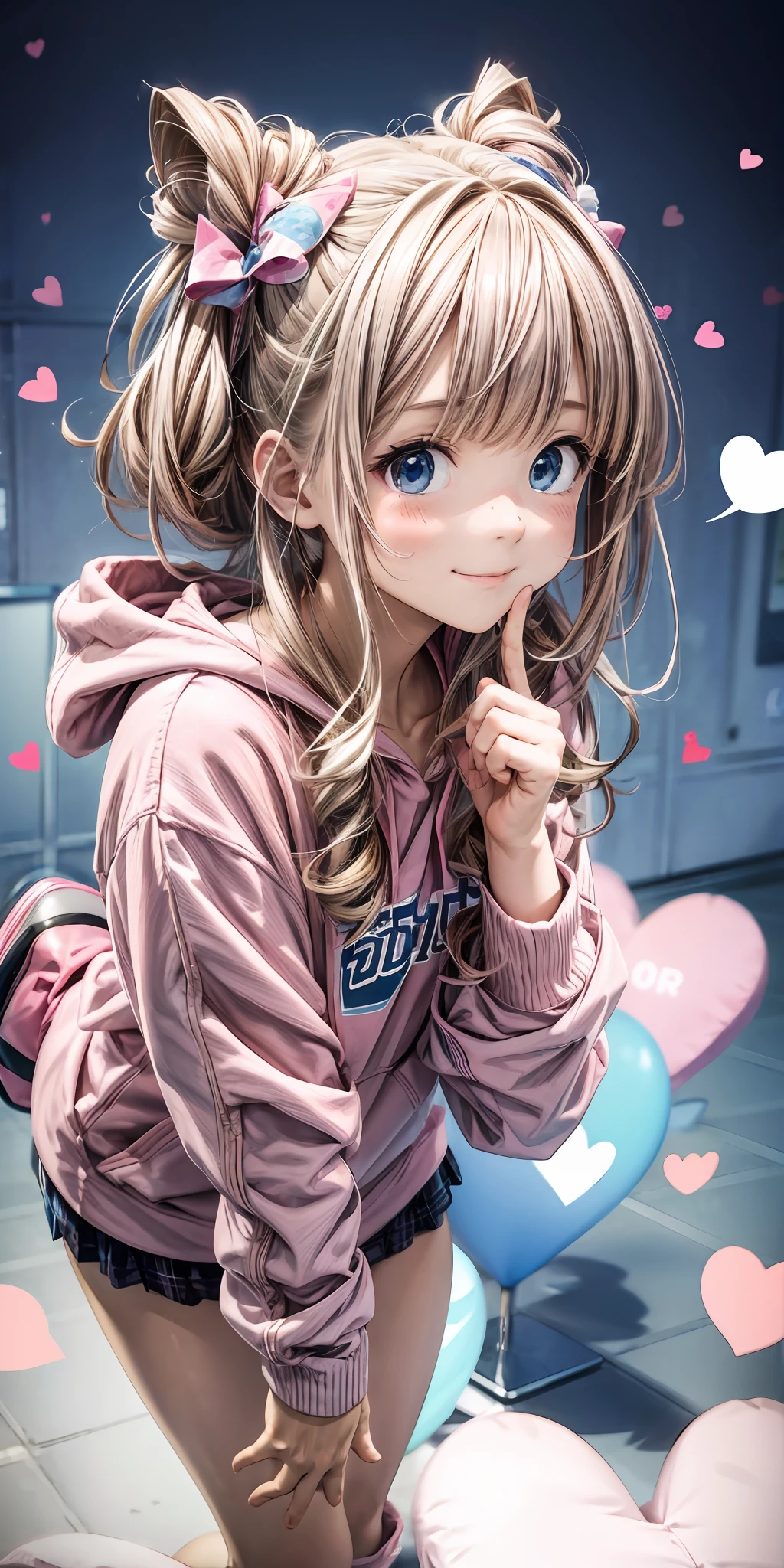 Cute girl, pink bows, pink hoodie, blue eyes, stars, hearts, plushies, boots, high definition, 8k, (((Nice hands))), cute face,