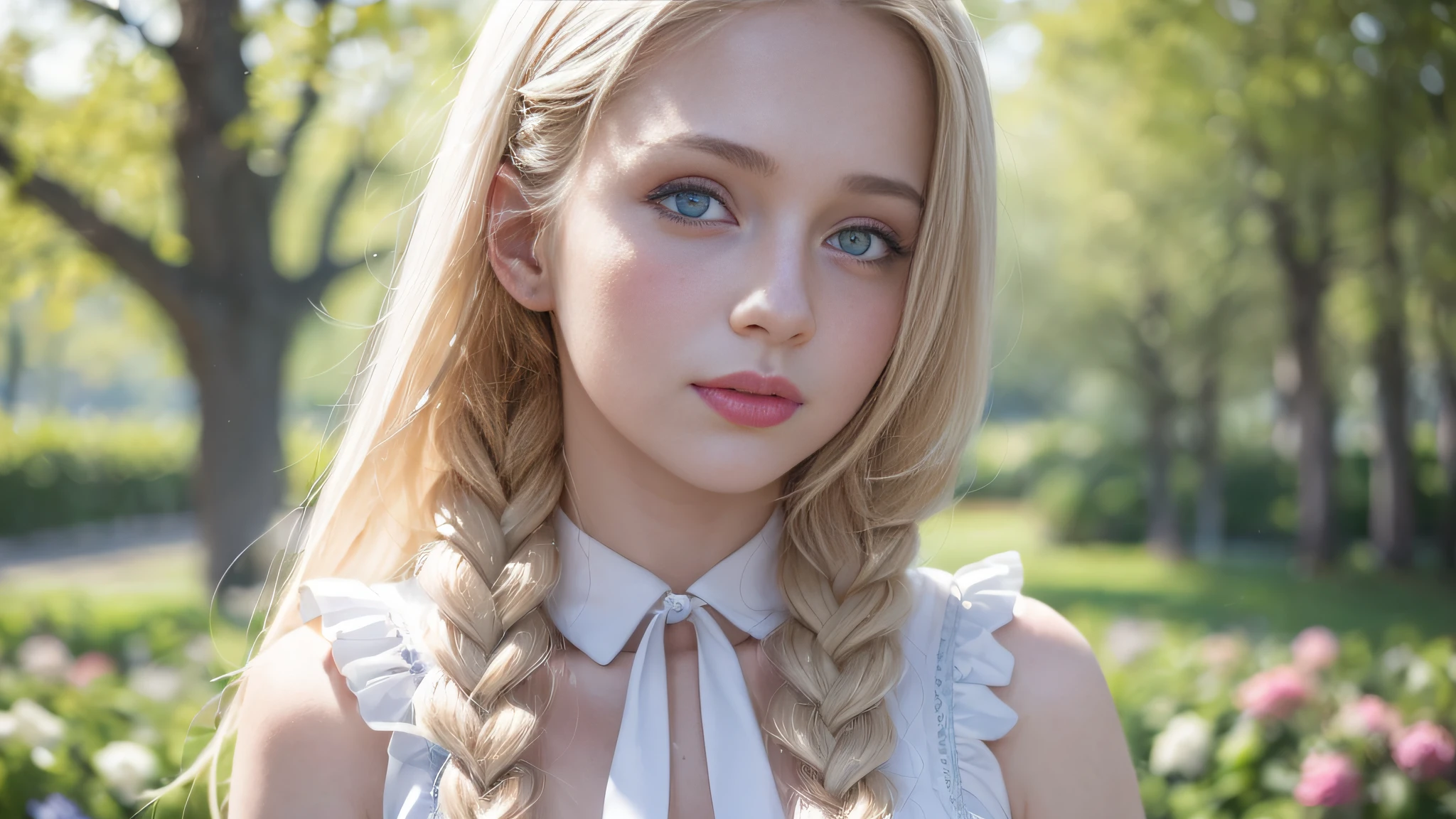 (The highest quality of one russian girl:1.3), with braided hair, blue eyes, (cute white dress:1.3), (detailed eyes:1.1), perfect lips, pale skin, blonde hair, looking at viewer, smiling, blush, hair_flip, (medium breasts:0.8), (perfect breasts:1.2), perfect female face, background is a garden with trees and flowers, blue sky, sky with few clouds