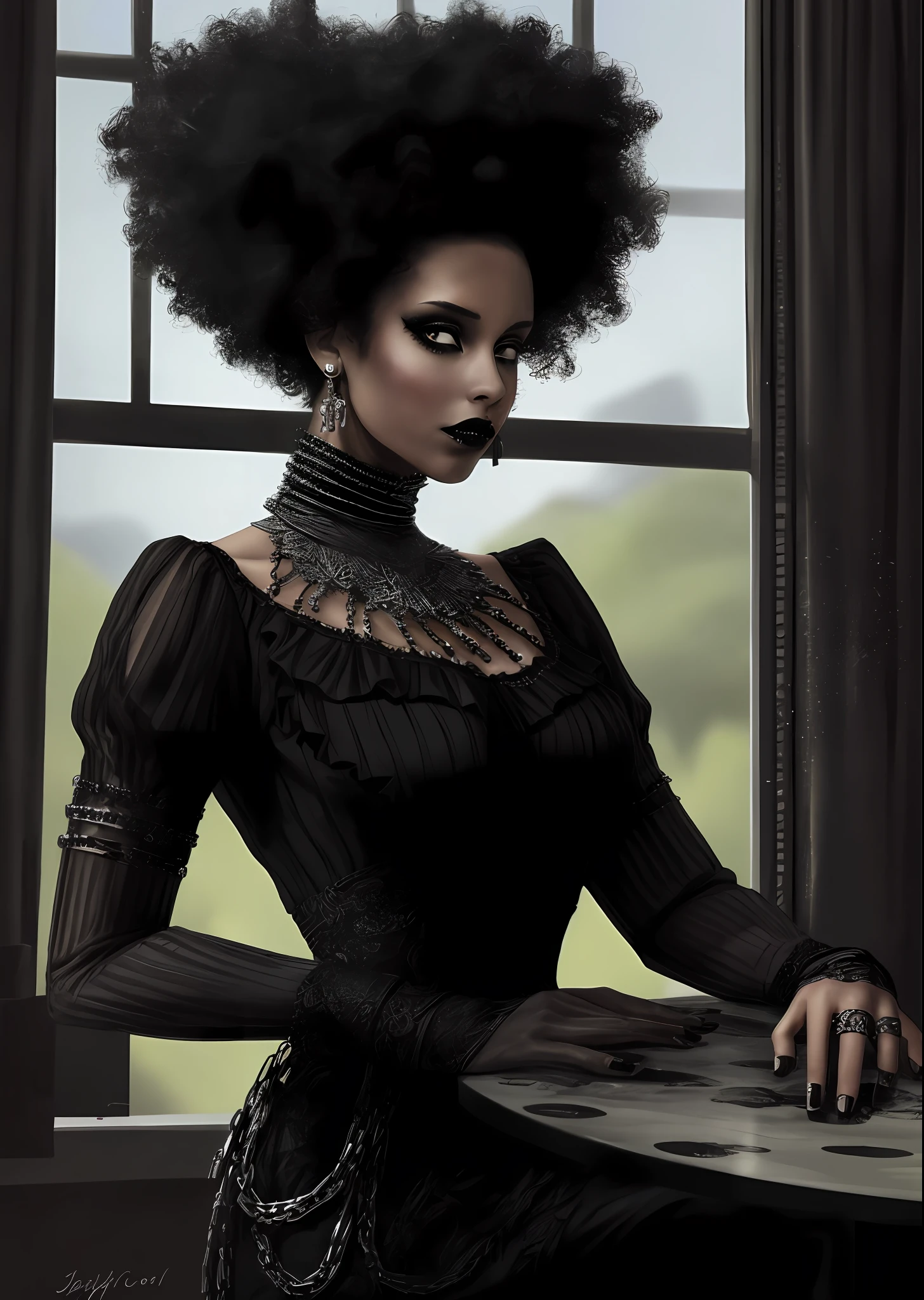 (cowboy shot), sfw, (masterpiece), (best quality:1.0), (ultra highres:1.0), detailed eyes,
BREAK
alicia keys, 1girl, short african curly hair, posing, black lipstick, runny makeup, black clothes
edgGothGB, wearing edgGothGB, garterbelt, metal, chains, ribbons, frills
BREAK
(table, window, gorgeous view)