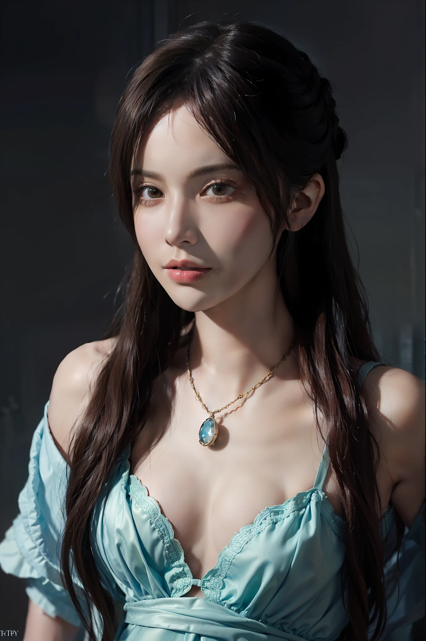 Surrealistic female portraits by David Hockney and Alphonse Mucha, fantasy art, photorealism, dynamic lighting, artstation, poster, volumetric lighting, very detailed faces, 4k, award-winning, 1girl, in the dark, deep shadows, understated, small white slip dress photo, (formal wear: 1.4), long hair, brunette,