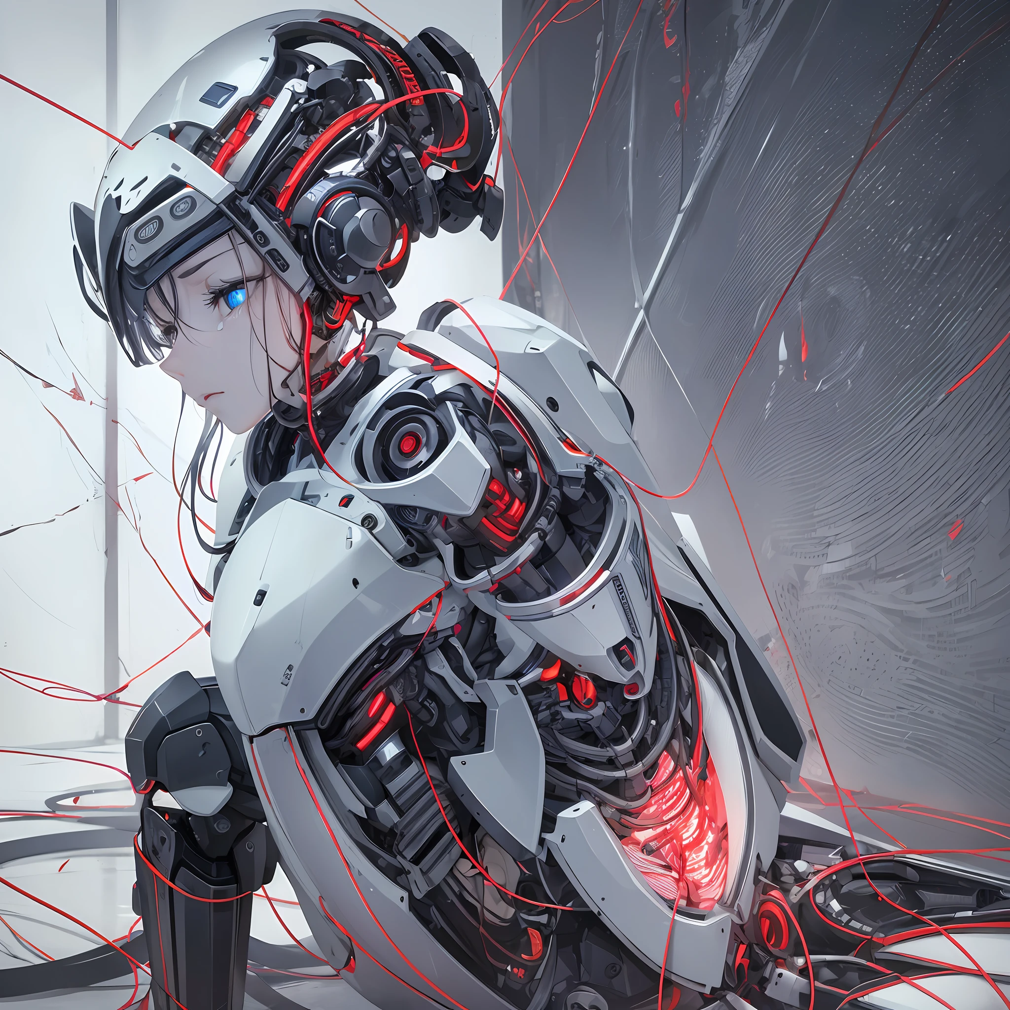 (Ultra realistic), (female robot), sitting on the floor, (sideways), white background as if it were blood coming down,( blood vessels coming out of the body), (connected to cables on the back), bulky body, (half robotic), (half human), holding a flower,(thoughtful), blue eyes,(smelling tears of blood). --auto --s2