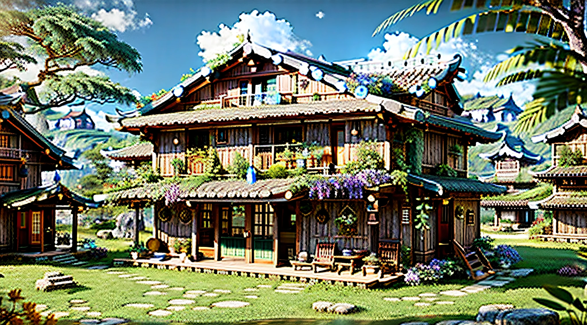 There are many wooden houses with plants growing on the roof, villages, unreal engine, realistic fantasy render, ancient asian village, peaceful wooden mansion, beautiful render of a fairy tale, highly detailed scene, very high detailed, very high detailed, house in the forest, wooden house, 3 d render and matte painting, wooden house, village in the forest, Matte paint rendered in 3D, 16:9