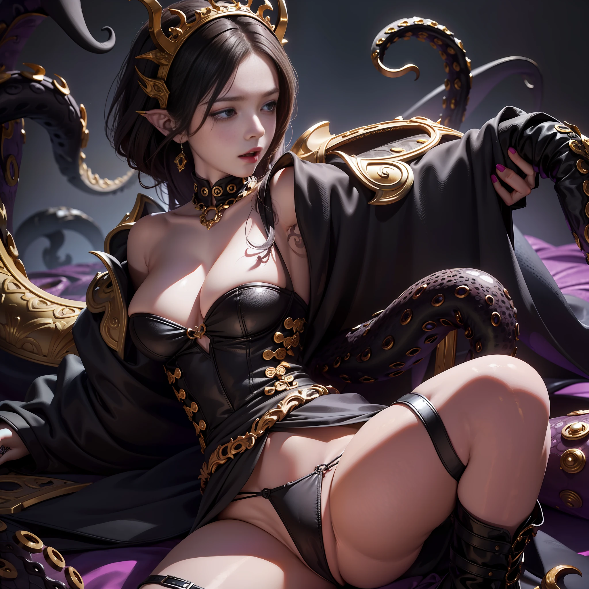 Young and charming girl, showing her forehead, her head has dark gold streamlined dragon horns, squatting on the ground, spreading her legs, dragon wings on her back, an octopus dragon tail at the end of her spine, the tail is placed on the right side of her body, her hands stroke her tail, her blouse is made of dark gold dragon scales and octopus black suction cups, the chest is covered by a top, the cut top, the underwear is a thong-shaped pant composed of dark gold dragon scales and octopus black suction cups, the whole body has obvious protruding flesh-colored textured dots, and the lower abdomen has a purple heart-shaped tattoo, Tattoo with a protruding octopus pattern on the forehead, realistic tattoo, a small amount of octopus suckers scattered around the chest, a dog collar around the neck, a black octopus tentacle shaped gemstone in the middle of the collar, a slightly open mouth, saliva flowing from the corner of the mouth, excited and obscene face, realistic details, high resolution, high detail, POV,