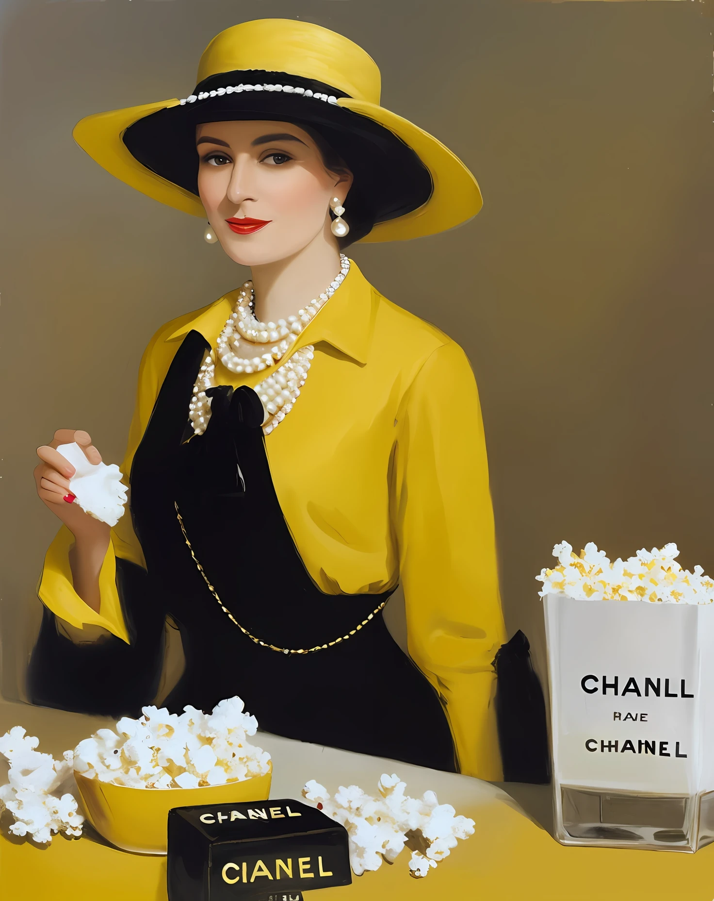 Elegant woman with yellow shirt, pearl necklace, Chanel hat and eating popcorn