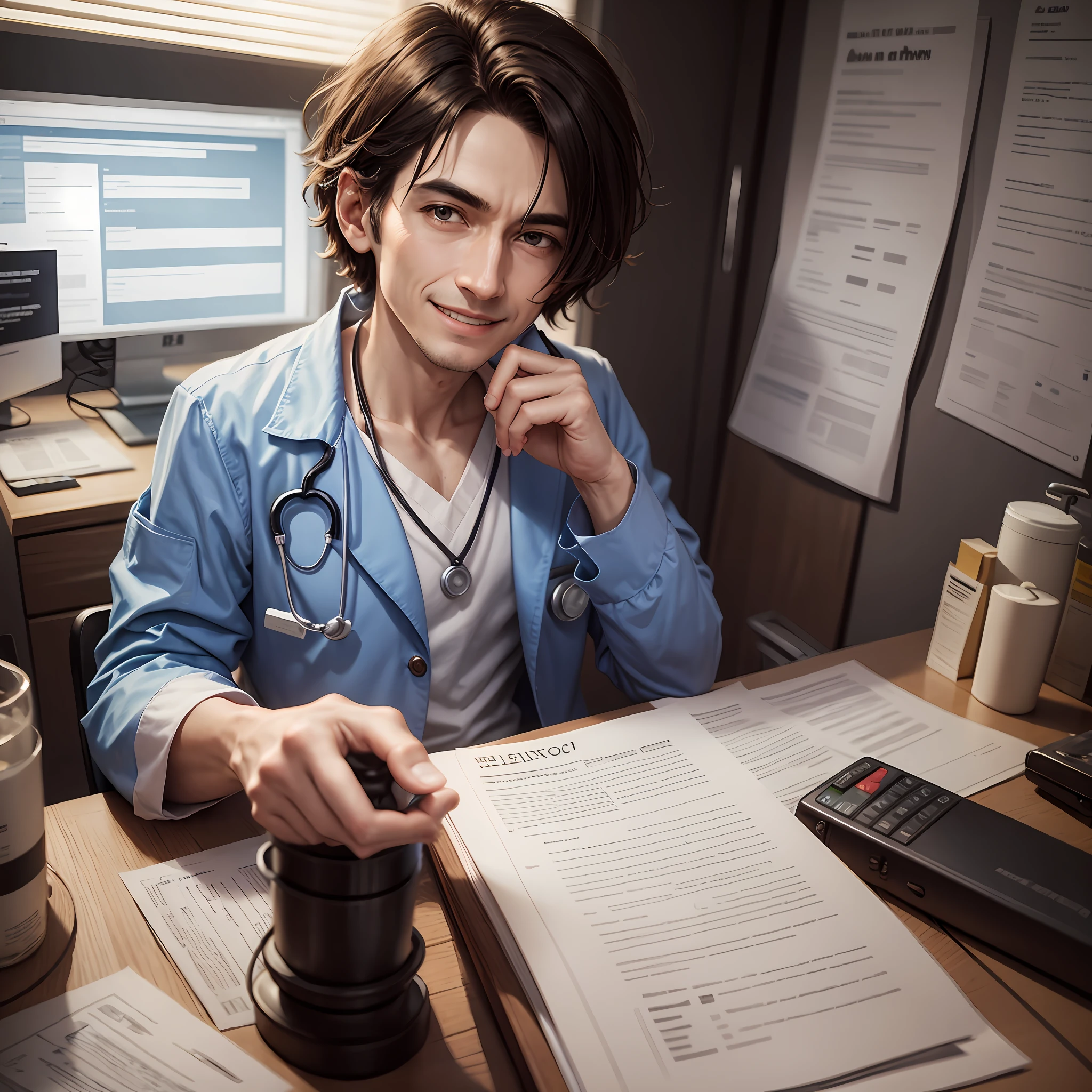 The doctor smiled and pointed to the report and explained the condition to the patient --auto --s2