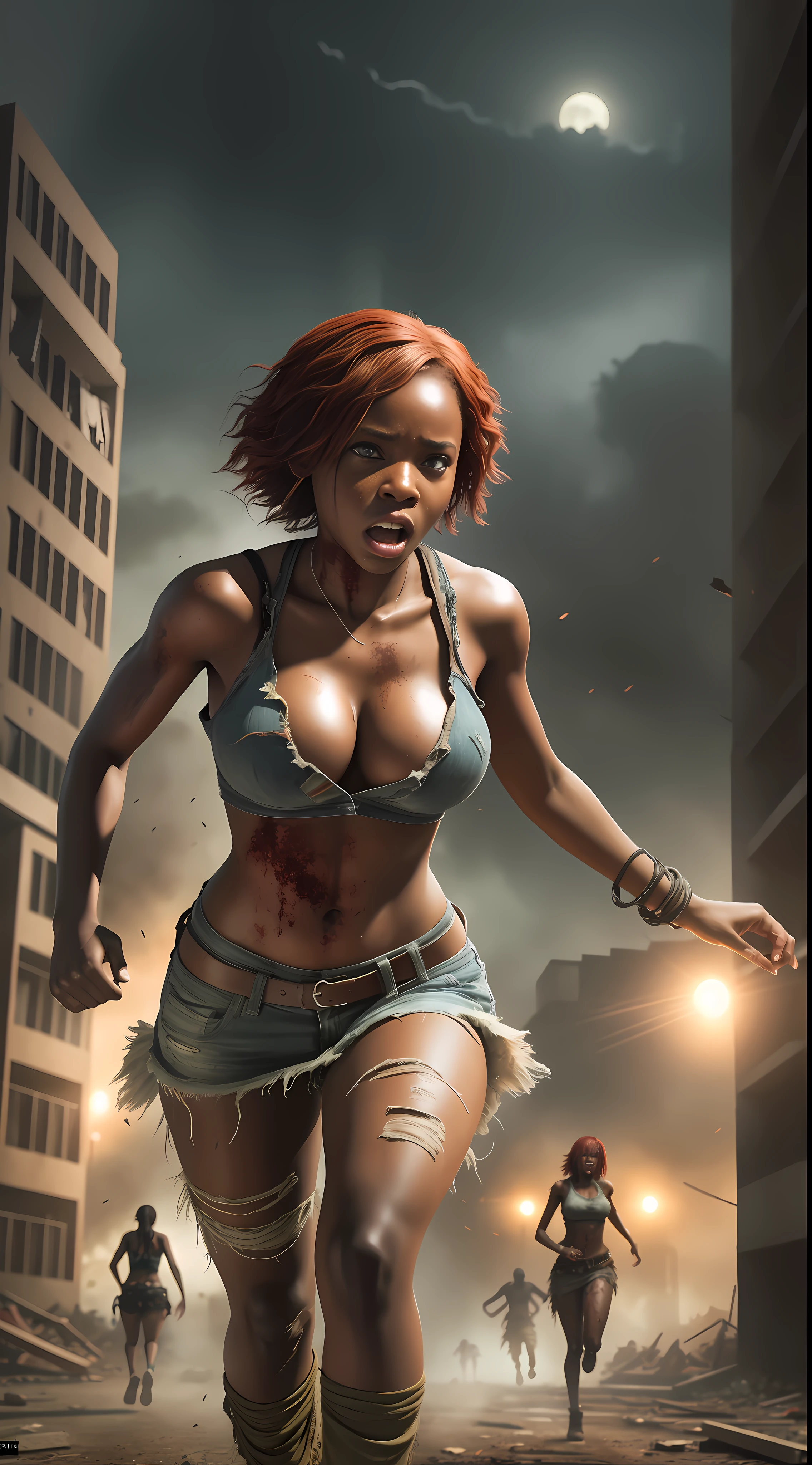 Girl 18 african american years old short red hair,long ripped dress, big breasts,running from zombies in a post apocalyptic building at night,8k extremely realistic raw photo, angle from bottom to top, surrounded by 3 aggressive zombies