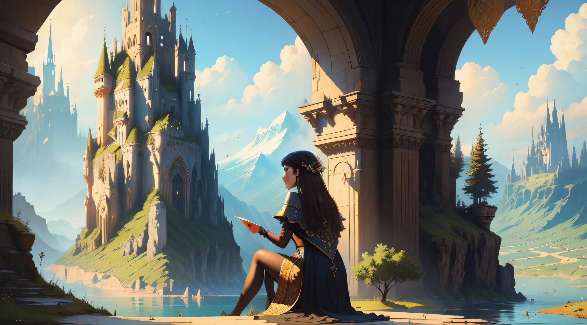 relaxing landscape, fantasy, magic, magical world, masterpiece, best quality, 1 girl --auto --s2