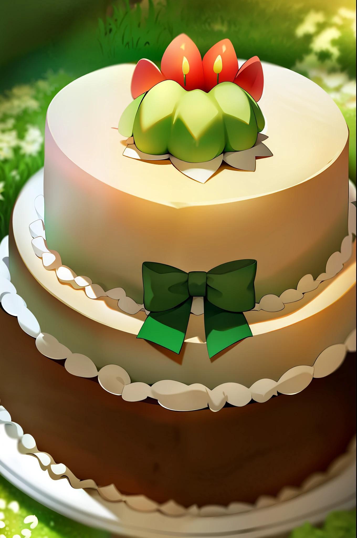 Birthday cake with green ribbon and green flowers.
No text.