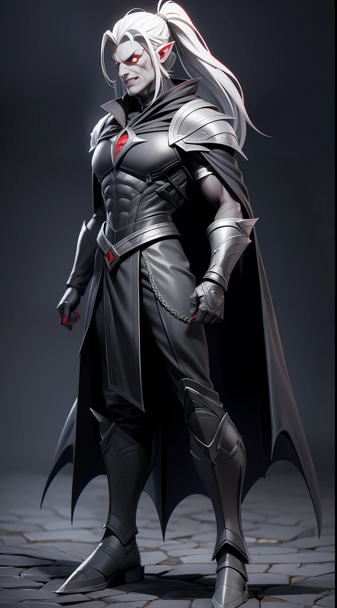 full body picture Unreal Engine 5 8K UHD of adult man, vampire, white skin, red devil eyes, black steel armor, demonic face, calm mood, ponytail dark grey hair, black cape, blood on mouth, long ears, vampire king, bloody corpses on lands, best quality, masterpiece