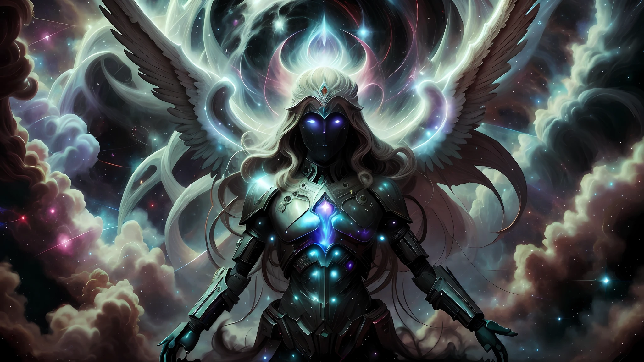 The creator cosmic God creating the angels in the dark fantasy world at the beginning of time